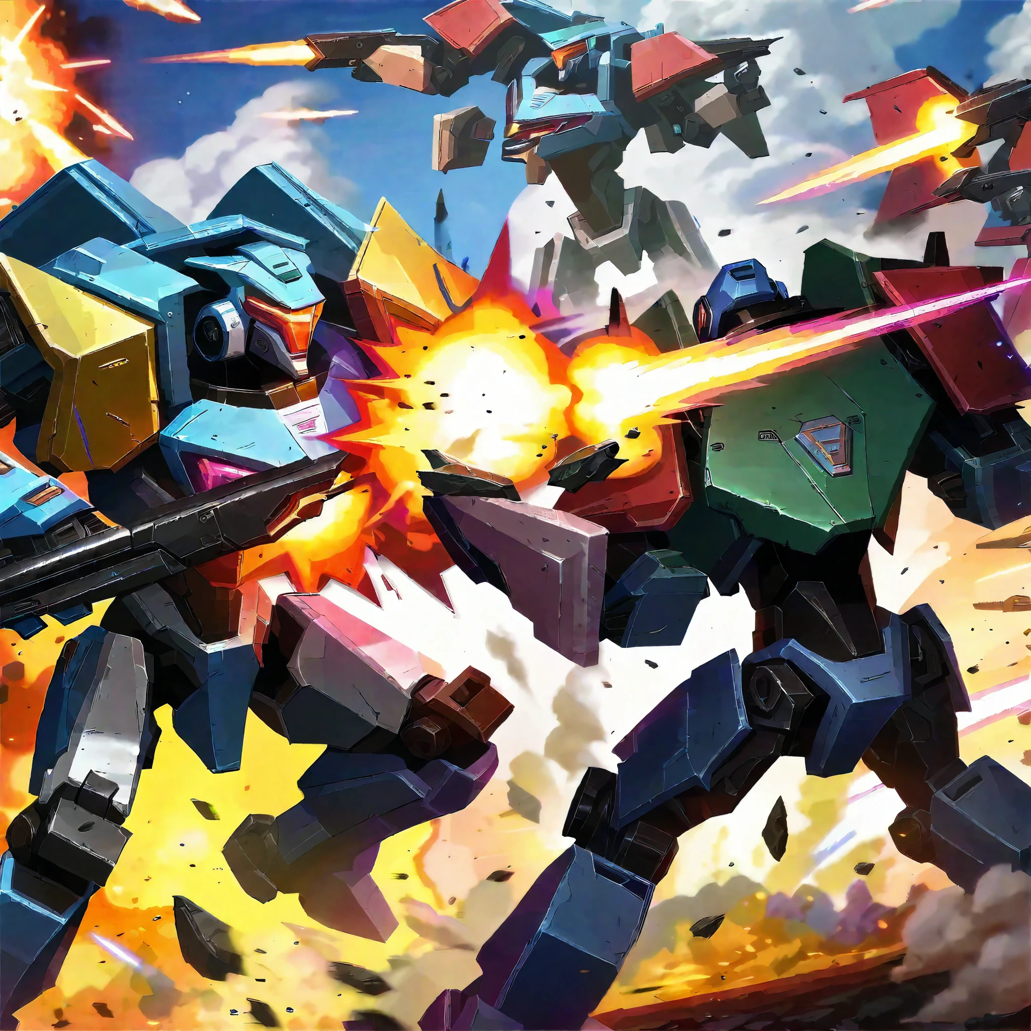 Explosive battle, war mechs with differing color schemes close on one another as they fire weapons of mass destruction