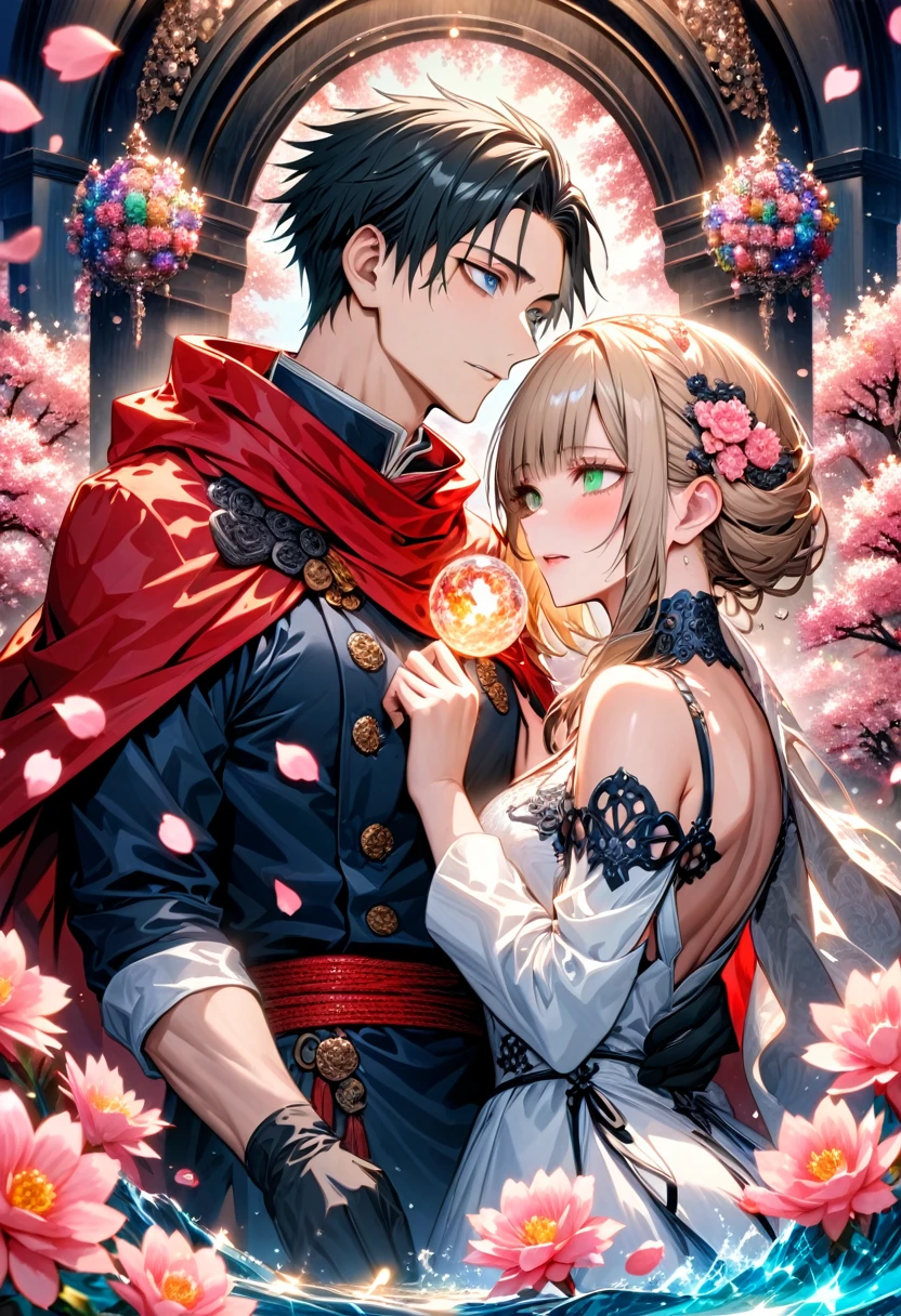 Ultra detailed, highres, absurdres, HDR, master piece, Okkotsu Yuuta, black hair, expressive dark blue eyes, Aida, ash blond hair with bangs, green eyes, white fantasy dress with black patterns, red cape, Jujutsu Kaisen, fantasy, petals, blossoms, pink flowers, water, black ribbon on her hair, black gloves, a handsome man together with a beautiful woman, sexy, couple, love, magic, best quality