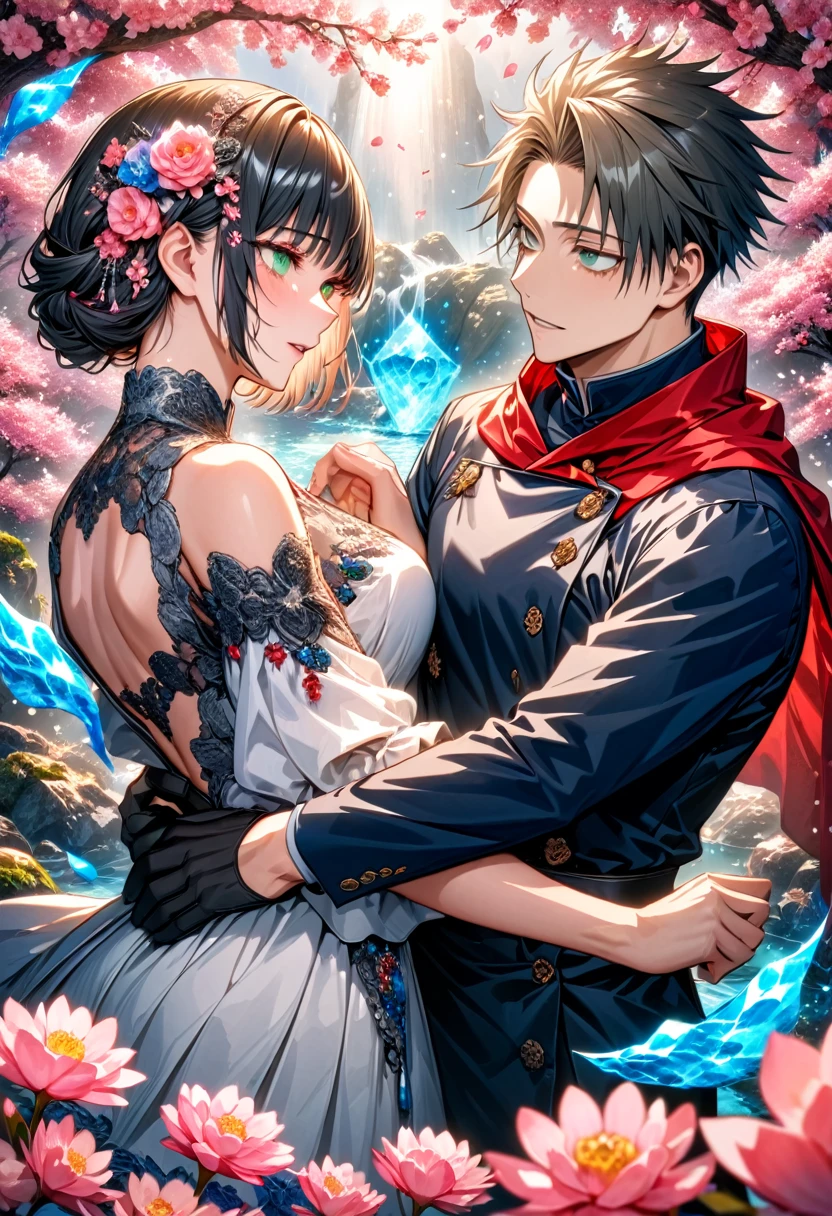 Ultra detailed, highres, absurdres, HDR, master piece, Okkotsu Yuuta, black hair, expressive dark blue eyes, Aida, ash blond hair with bangs, green eyes, white fantasy dress with black patterns, red cape, Jujutsu Kaisen, fantasy, petals, blossoms, pink flowers, water, black ribbon on her hair, black gloves, a handsome man together with a beautiful woman, sexy, couple, love, magic, best quality