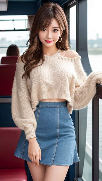 highest quality、8k wallpaper、Reality:1.4、Photographed by a professional photographer、Cinema Lighting、View your viewers、background:On board a river cruise、1 beautiful girl、Japanese Idol、23 years old、Beautifully detailed eyes、Detailed face、Beautiful Skin、Slender、Slim waist、Thin legs、Red lipstick、Bun Hair:1.8、Random hair color、Light Hair、The light is shining on her hair、Asymmetrical bangs、Large knit sweater、mini skirt、I can see your chest 、smile:1.4、Seductive pose