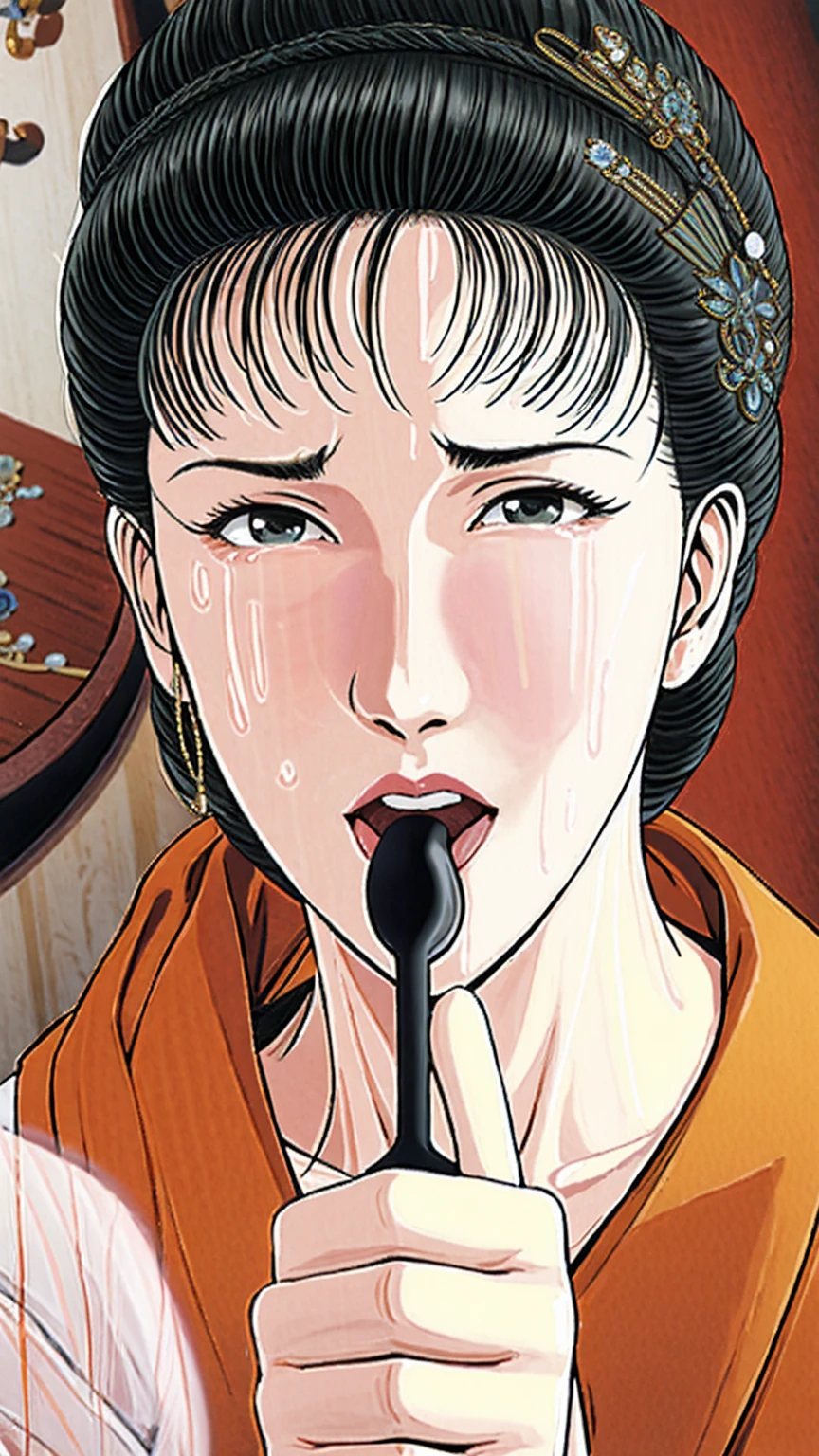 (best quality), (very aesthetic), (ultra-detailed), (best illustration),(a mature female),(perfect face),Suikoden,Mrs. Lin,(((NSFW))),((full_body)),((full_nude)),(crying),Covers mouth with right hand,red cheek,sweating,skinny,flushed skin,(hairly pussy),doing blowjob,The man is holding a penis in his mouth, which he is holding in his right hand.,chinese traditional bed room,overhead view