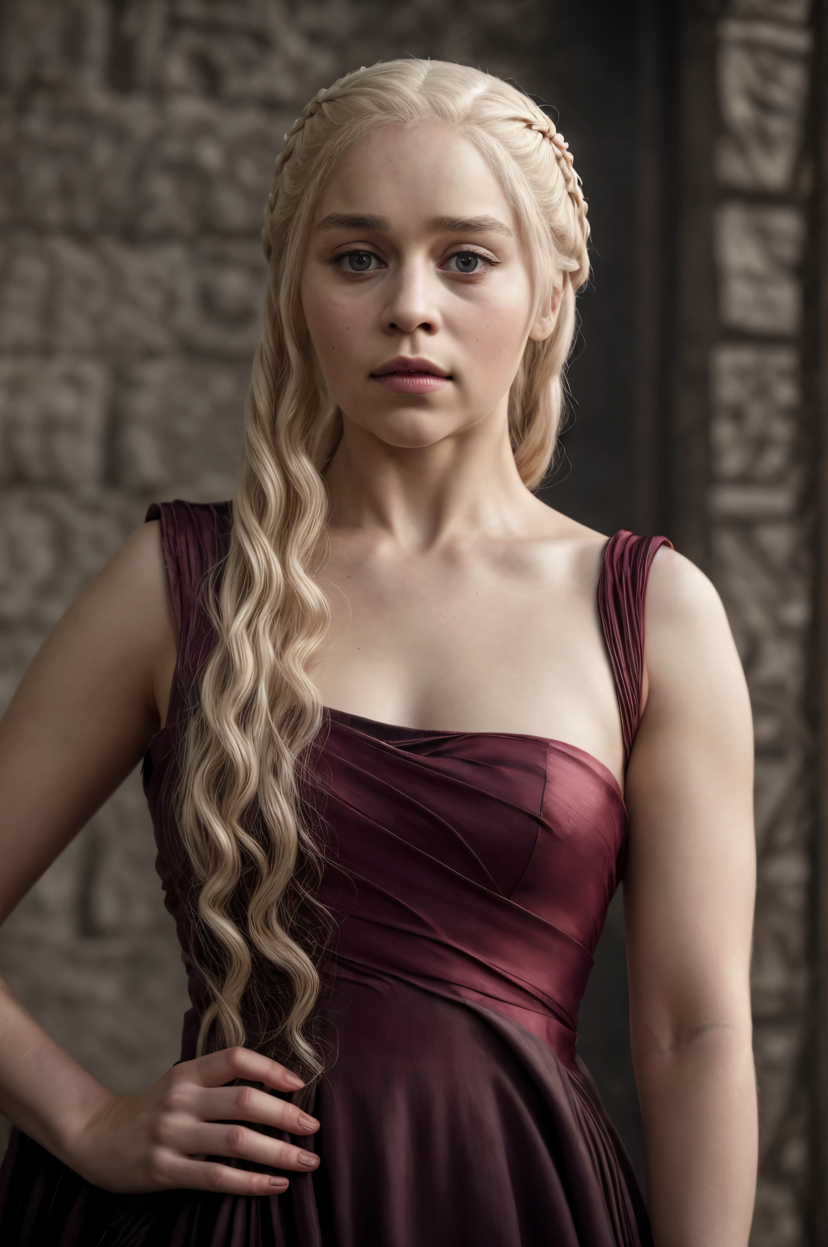 masterpiece, stunning portrait photo of khls woman, sleeveless, erotic costumes, sensual satin dress, game of thrones inspired costumes,