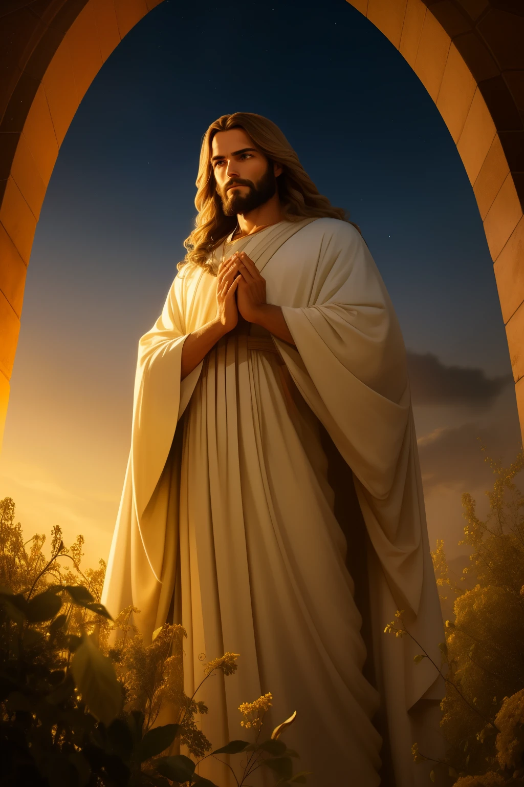 A captivating visual representation of a venerated figure, Jesus, with a harmonious, chiseled physique and a noble, compassionate demeanor. The focus is on his divine aura and spiritual presence. His hair is a cascade of wavy golden locks, framing a strong, masculine face with deep-set, contemplative eyes. The setting is a serene, outdoor environment, under the soft glow of the moonlight, imbuing the scene with a sense of tranquility and reverence. A Dutch angle adds a sense of mystery and timelessness.