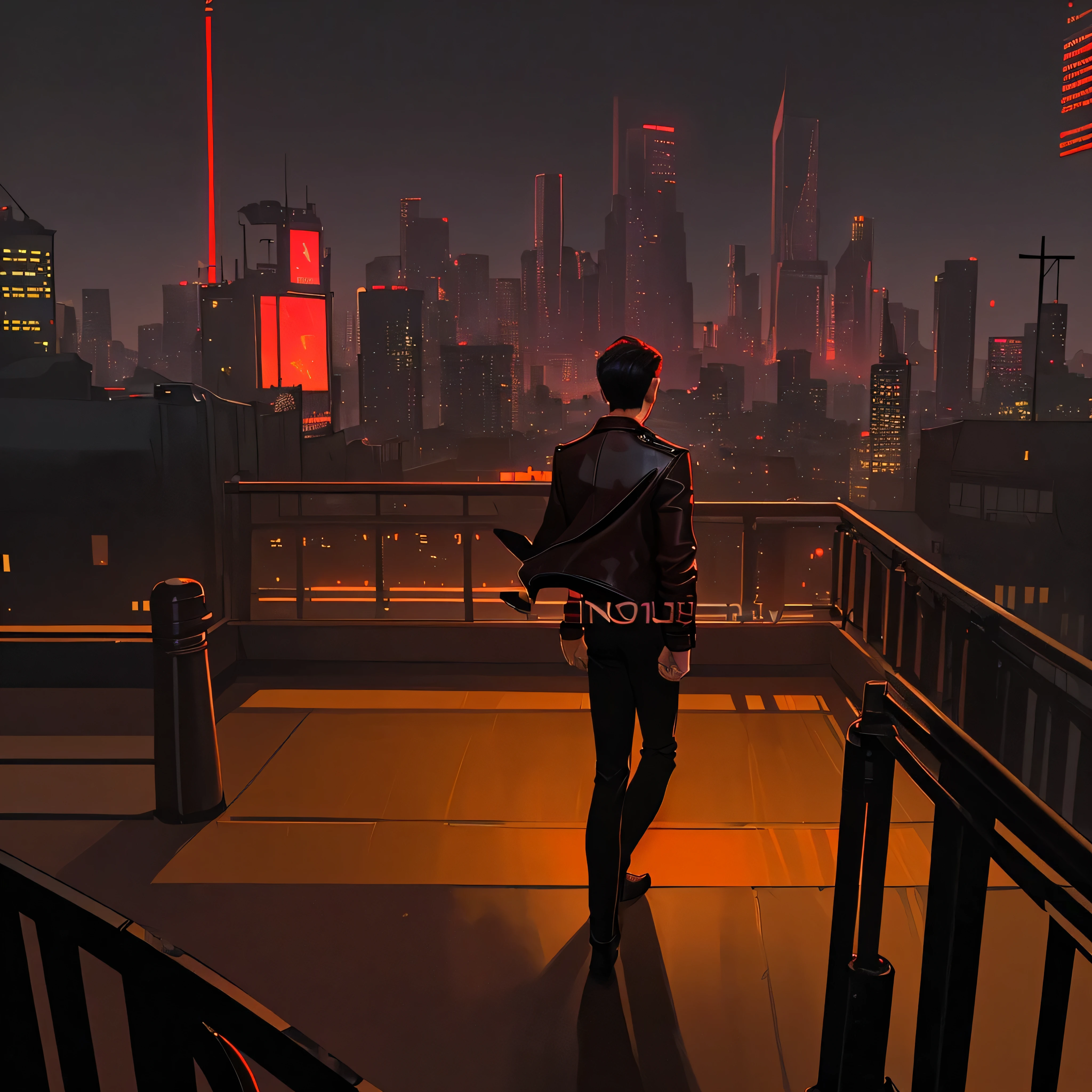 Confident man in a dark red leather jacket leaning against a railing with city lights in the background, back view of a man, DSLR Camera, scene photography, dramatic photography, realistic, low angle, fantasy, 1:1 ratio, complex, matching the urban and fiery theme.