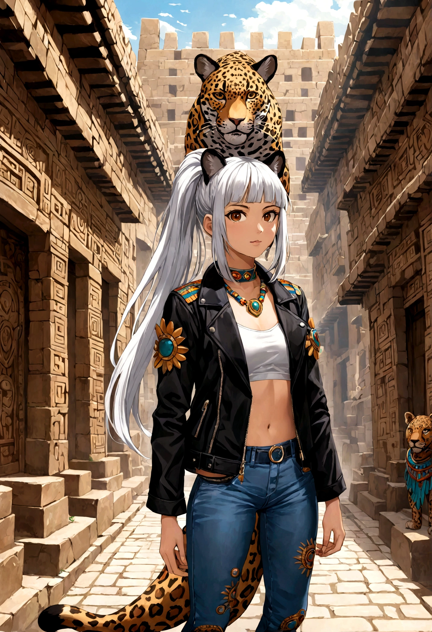 High definition, high quality, woman, young adult, beautiful, anthropomorphic, jaguar girl, jaguar ears, jaguar tail jaguar ears, small figure, full body image, Aztec clothing, blue jeans, black leather jacket, collar tall white under jacket, silver hair color, hair tied in a high ponytail with bangs and a strand of hair framing her face, heart-shaped face, striking brown eyes, streets of the Aztec city