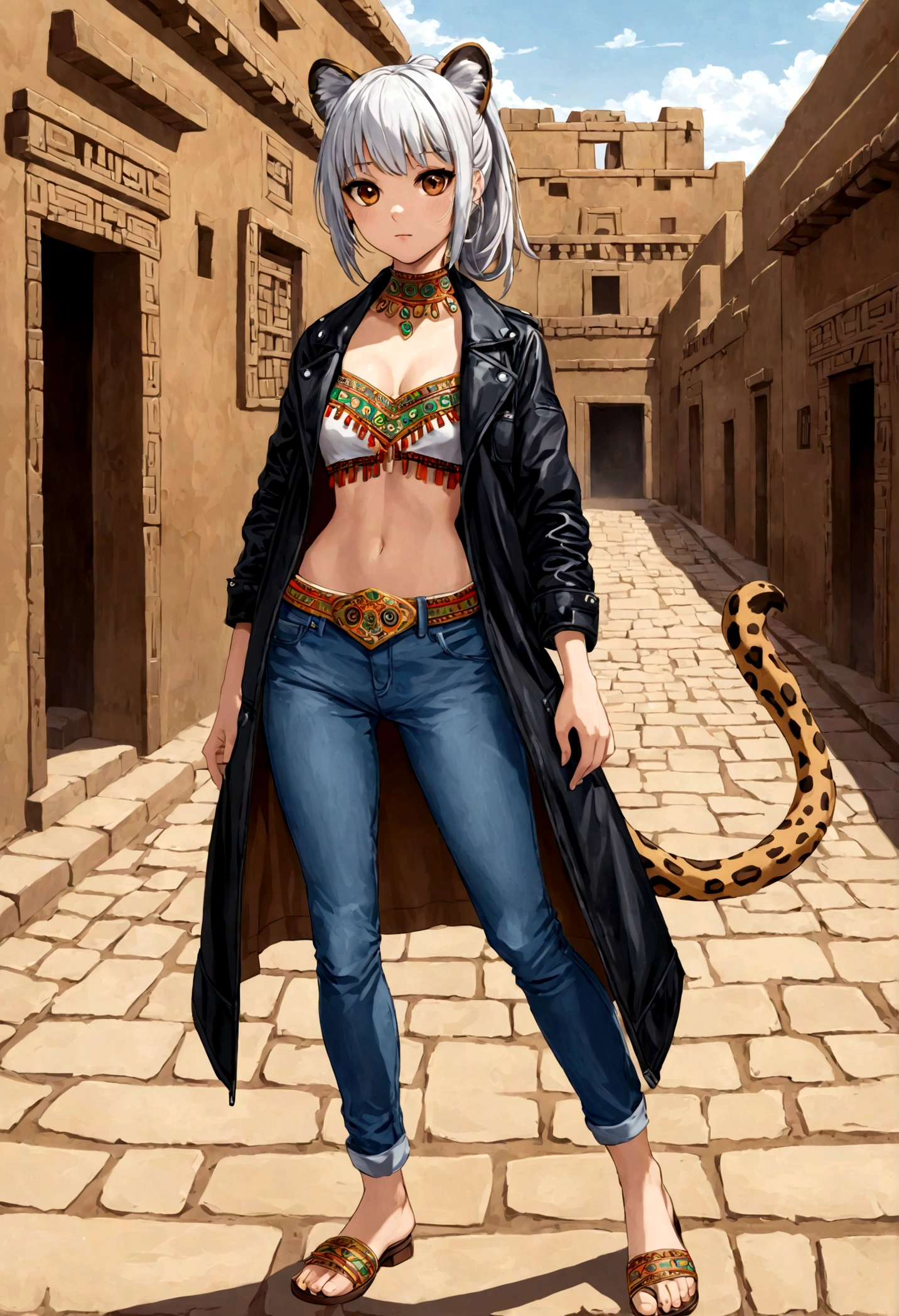 High definition, high quality, woman, young adult, beautiful, anthropomorphic, jaguar girl, jaguar ears, jaguar tail jaguar ears, small figure, full body image, Aztec clothing, blue jeans, black leather jacket, collar tall white under jacket, silver hair color, hair tied in a high ponytail with bangs and a strand of hair framing her face, heart-shaped face, striking brown eyes, streets of the Aztec city