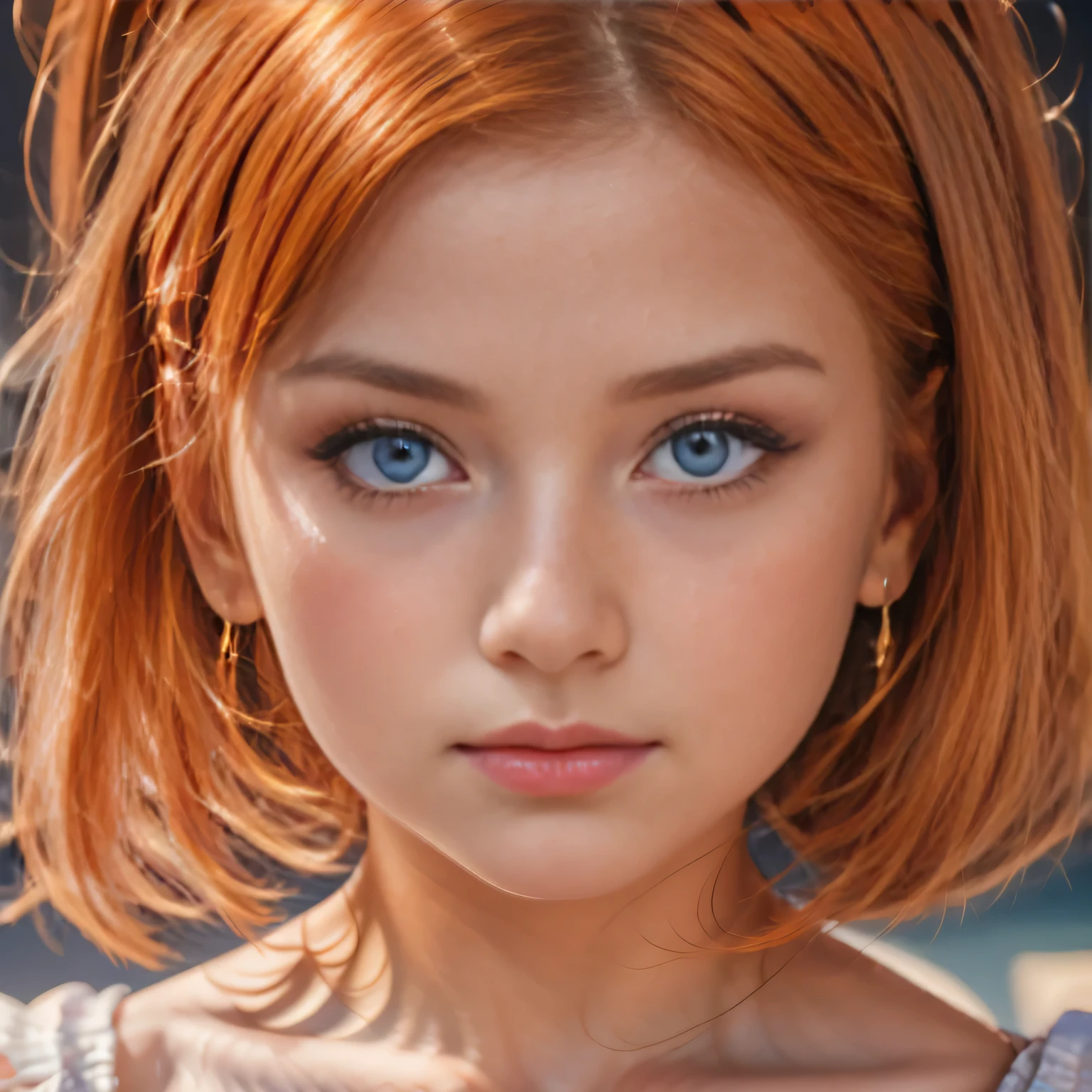 (best quality, 4k, Masterpiece, ultra detailed, hyperrealism, RAW quality), the face of the most beautiful young girl, the most beautiful face ever created, princess with purple eyes, detailed pupil, perfect skin, orange hair, RAW quality,