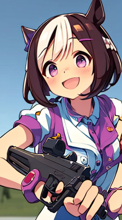 holding gun,  hand gun/(m92f )/, smile,:D,