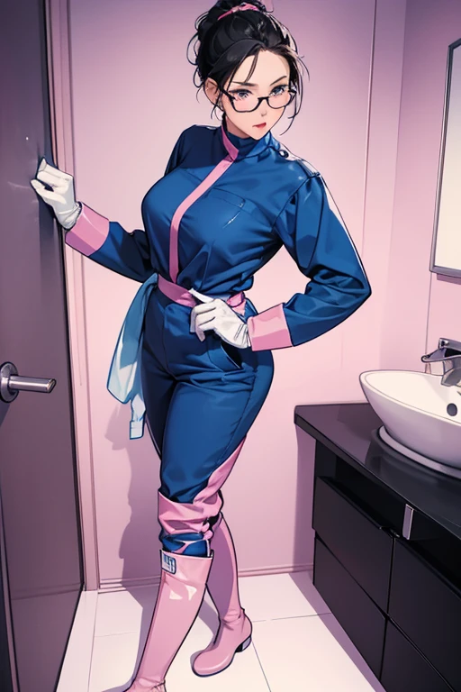 A mature woman with glasses and black hair tied up in a blue long sleeved long pants work uniform, wearing large pink rubber gloves and white rubber boots, shows a surprised expression when a penis is shown to her in the toilet