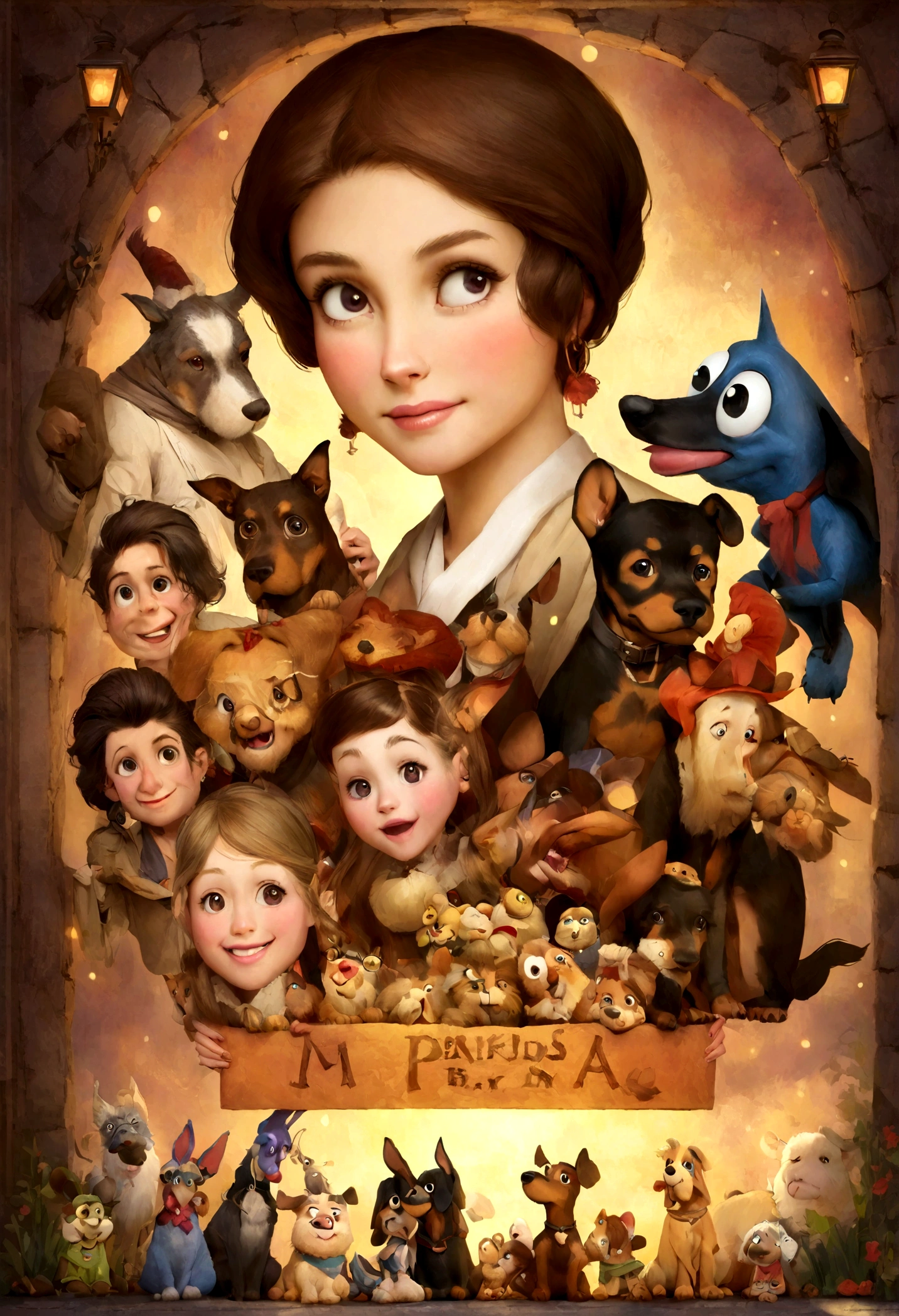 Create a poster inspired by Disney Pixar movies, presents a couple accompanied by a woman of medium height and straight dark brown hair , Labios carnosos, dark eyes and cute face along with a brown doberman puppy, cachorro de piel bien cuidado con dientes caninos afilados y puntiagudos jugando. El cartel se titula 'Lily'. Digital art should be Pixar style., reminiscent of an animated movie.