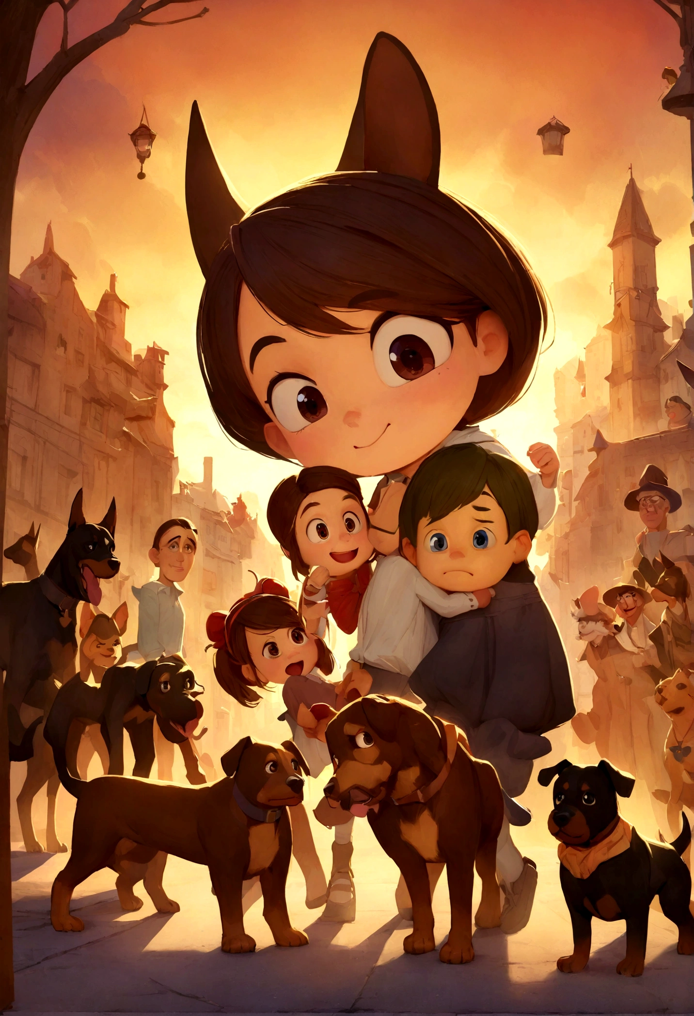 Create a poster inspired by Disney Pixar movies, presents a couple accompanied by a woman of medium height and straight dark brown hair , Labios carnosos, dark eyes and cute face along with a brown doberman puppy, cachorro de piel bien cuidado con dientes caninos afilados y puntiagudos jugando. El cartel se titula 'Lily'. Digital art should be Pixar style., reminiscent of an animated movie.