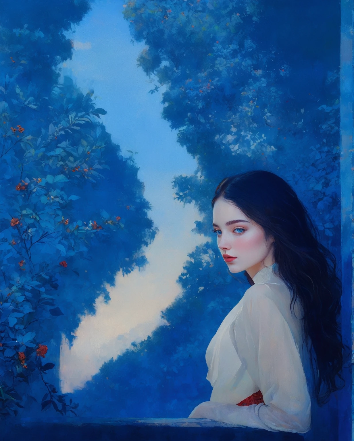 a beautiful girl in a lush garden, vibrant blue sky, red and orange flowers, detailed face and eyes, volumetric lighting, intricate details, photorealistic, high definition, masterpiece, professional digital art, cinematic color palette