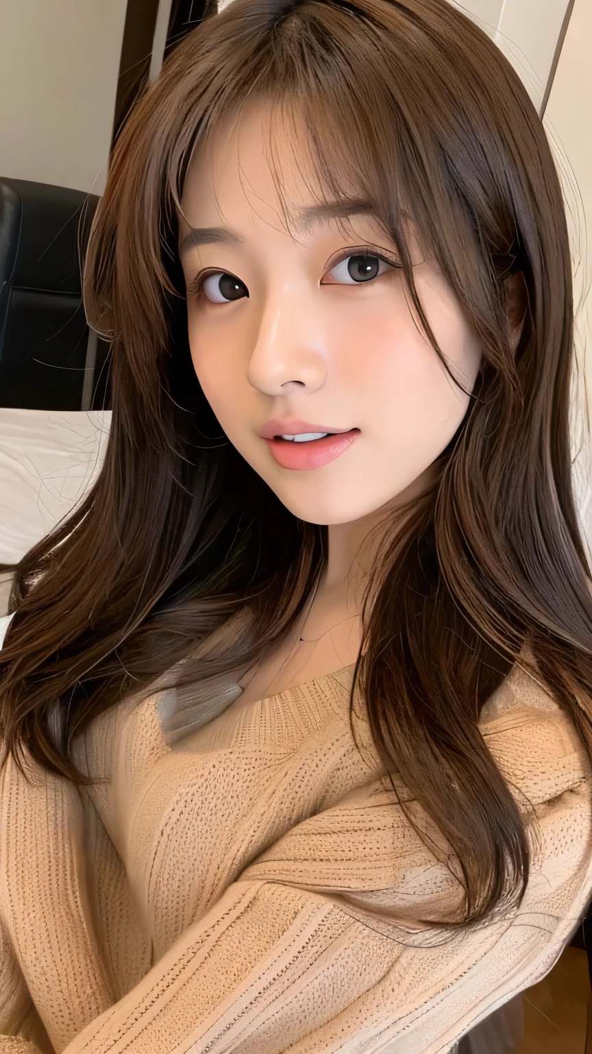 (masterpiece:1.2), Japanese, (((18 years old))), (a girl), indoor, close up to face, (opened mouth wide), light-brown hair, tongue, (((view from above))), 