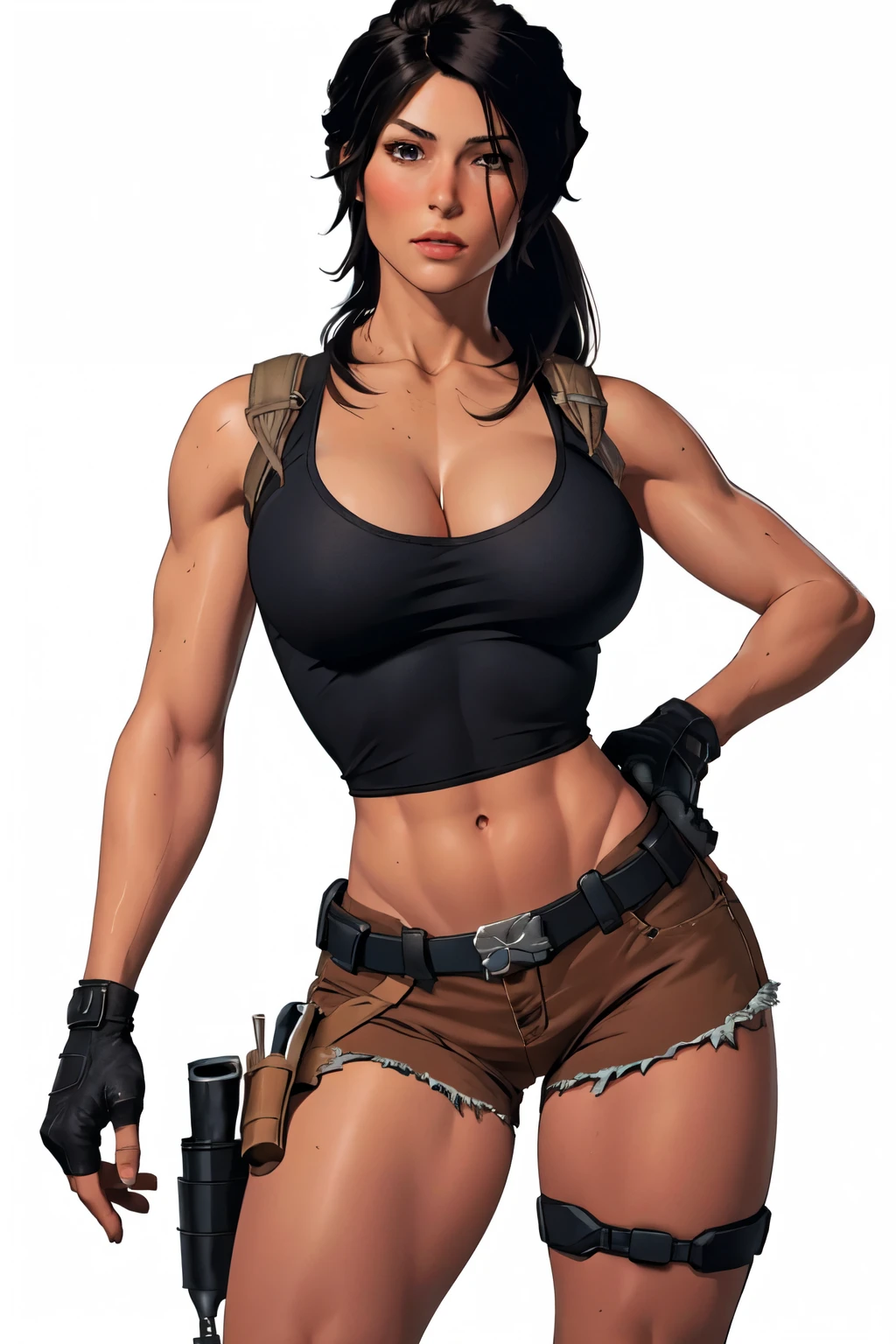 masterpiece,best quality,face detail,extreme detail,8k,white background,laracroft2,1girl,solo,long hair,breasts,looking at viewer,medium breasts,shirt,black hair,gloves,navel,cleavage,brown eyes,cowboy shot,shorts,midriff,fingerless gloves,crop top,hand on hip,short shorts,handgun,holster,micro shorts,dirty,brown shorts,thigh holster,