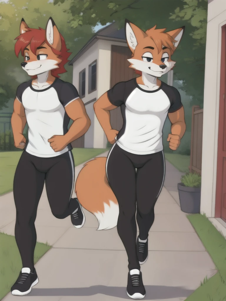 Furry, fox, male, twins, black leggings, white shirt, jogging outside the house,