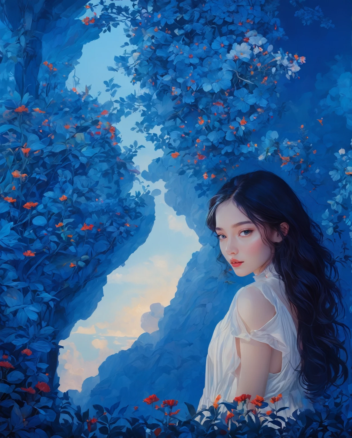a beautiful girl in a lush garden, vibrant blue sky, red and orange flowers, detailed face and eyes, volumetric lighting, intricate details, photorealistic, high definition, masterpiece, professional digital art, cinematic color palette
