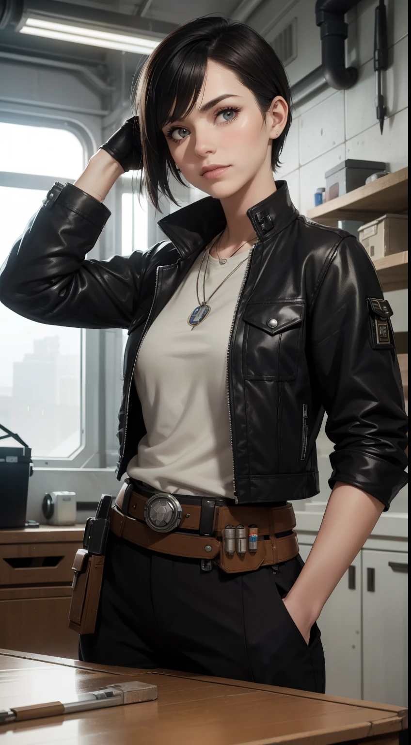 (high-quality, breathtaking),(expressive eyes, perfect face) Symmetrical Eyes, portrait, Star Wars Universe, 1girl, female, adult, mechanic, punk jacket, shirt, short sleeved, gloves, pants, belt, wrench, crystals, messy hair, black hair color, brown eye color, short hair length, stylized hairstyle, pixie haircut, tall, technician outfit, engineer, sci fi workshop background, work bench, tools, mature, narrow eyes, dog tag necklaces, soft smile, age 25
