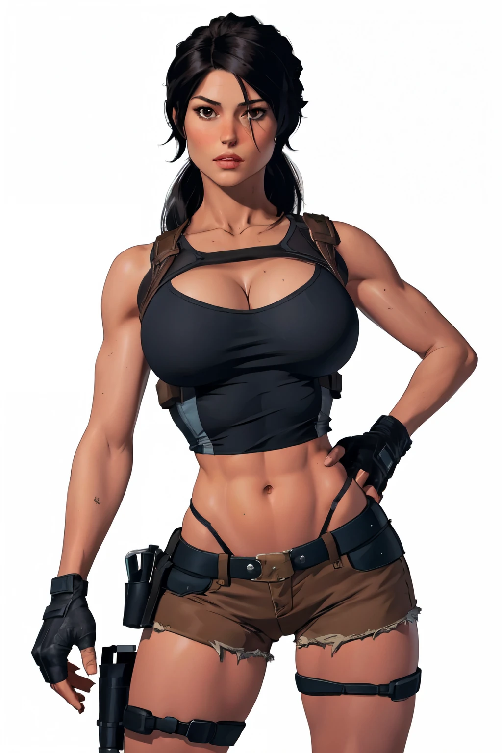 masterpiece,best quality,face detail,extreme detail,8k,white background,laracroft2,1girl,solo,long hair,breasts,looking at viewer,medium breasts,shirt,black hair,gloves,navel,cleavage,brown eyes,cowboy shot,shorts,midriff,fingerless gloves,crop top,hand on hip,short shorts,handgun,holster,micro shorts,dirty,brown shorts,thigh holster,