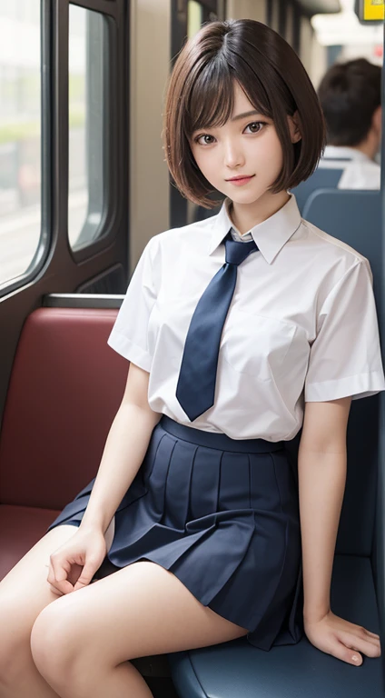 (table top, highest quality:1.2), 8K, ************, 85mm, official art, Raw photo, absurd, white dress shirt, cute face, close, Upper body, viola lace, gardenia, beautiful girl, school uniform, (navy pleated skirt:1.1), Cinch West, thighs, short sleeve, classroom, ponytail、short hair、short hair、sit on a bench seat, looking at the viewer, no makeup, (smile:0.4), film grain, chromatic aberration, sharp focus, face light, clear lighting, teen, detailed face, background bokeh, (dark red tie:1.1)、日本の学校のclassroom、classroom