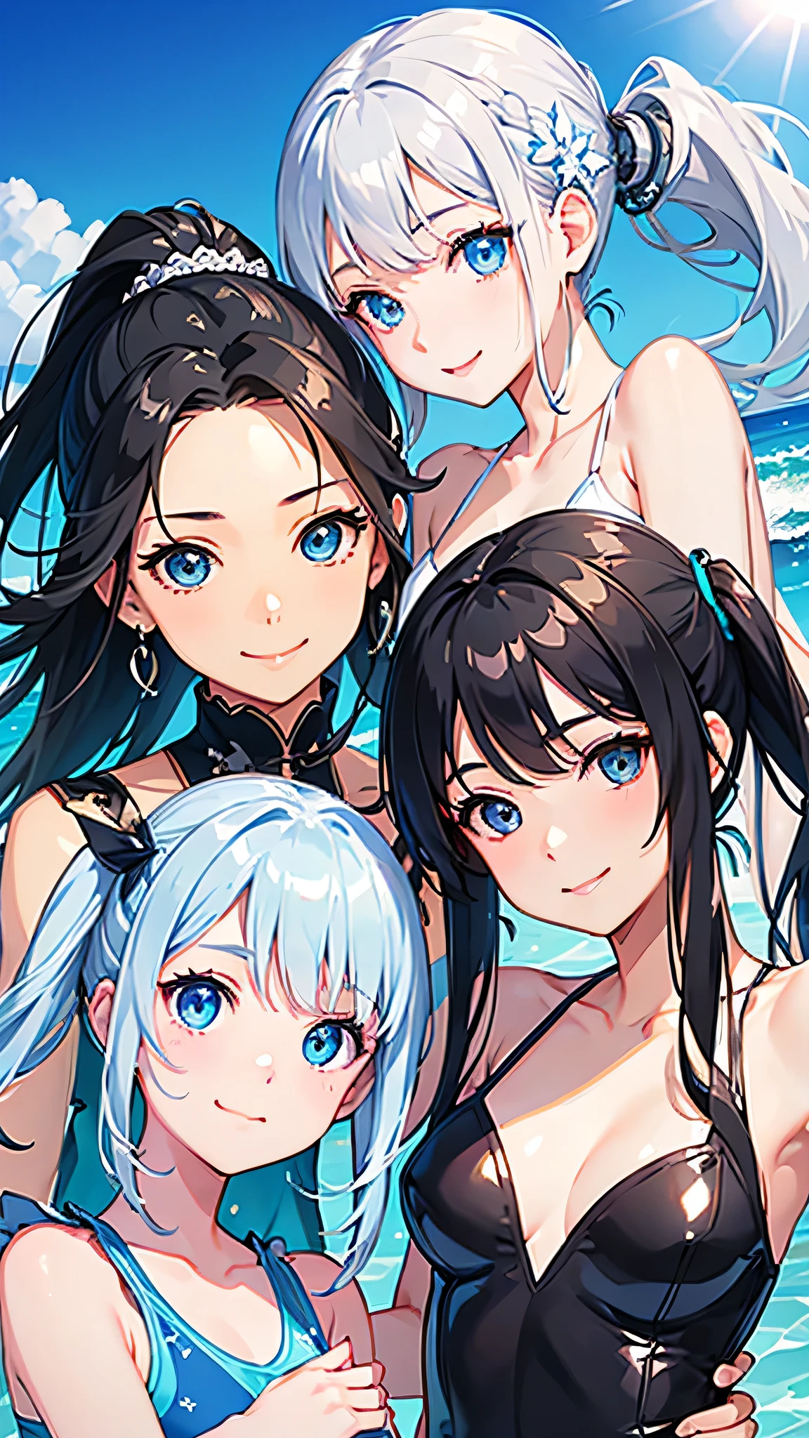 highest quality、Realistic、Women、zoom、summer、Sea of night、cute、Full make-up、Blue Eyes、black hair、ponytail、Silver separate swimsuit、smile、Looking down、smile、Bust Shot、 Small breasts