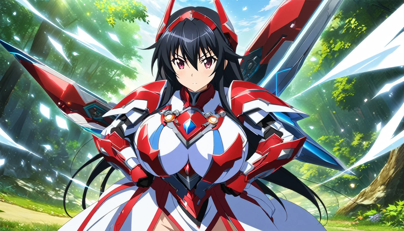 ((anime infinite stratos art, masterpiece, 4k, extreme quality)). 
the theme is Disney's Snow White. 
the setting is a magical forest, very detailed, full of different animals, it's afternoon. 
Snow White, , wearing a IS armor(amazing short-ranged IS extremely fast that breaks the sound barrier, Disney's Snow White based, blue and red colors) and wielding wakizashi(cybernetic and futuristic, one in each hand), short black hair,very large and huge breasts G Size, fierce bahavior, pose of battle, fullbody.
the atmosphere is cool.
full view of the scenel