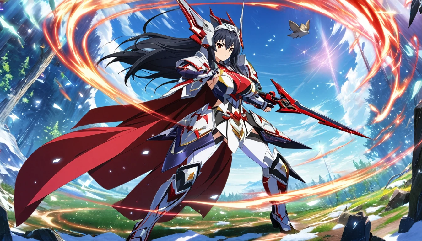 ((anime infinite stratos art, masterpiece, 4k, extreme quality)). 
the theme is Disney's Snow White. 
the setting is a magical forest, very detailed, full of different animals, it's afternoon. 
Snow White, ************, wearing a IS armor(amazing short-ranged IS extremely fast that breaks the sound barrier, Disney's Snow White based, blue and red colors) and wielding wakizashi(cybernetic and futuristic, one in each hand), short black hair,very large and huge breasts G Size, fierce bahavior, pose of battle, fullbody.
the atmosphere is cool.
full view of the scenel