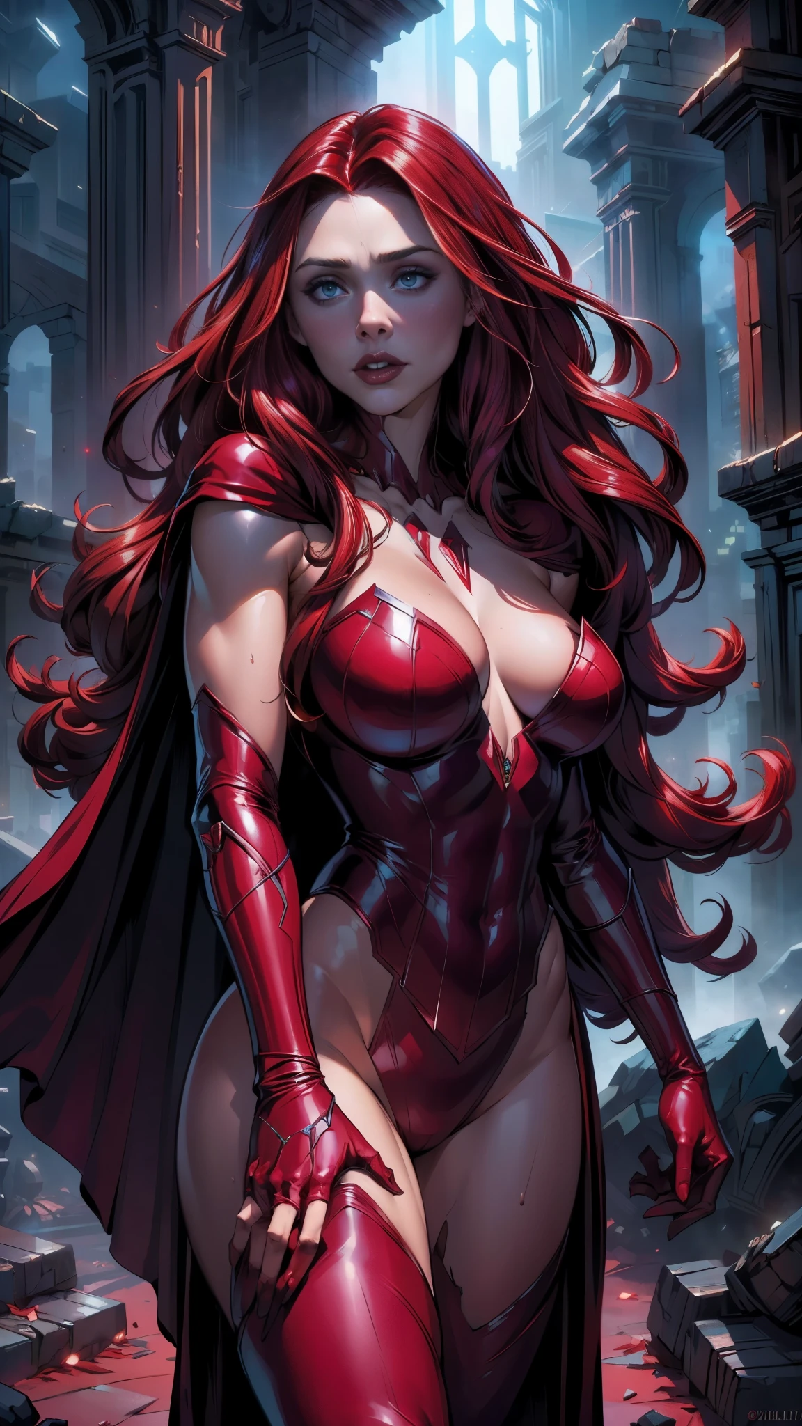 best quality,ultra-detailed,realistic,(sexy scarlet witch) ,beautiful detailed eyes, beautiful detailed lips,( long red hair:1.4) , (witch costume:1.4) , glowing magical powers, intense gaze, confident posture, dark and mysterious background, vibrant colors, enchanting art style, dramatic lighting, ,(Fondo de ruinas de mazmorra en ruinas cyberpunk :1.4 ),( Scarlet Witch:1.4), (perfect anatomy :1.4),( cinematic lighting :1.4), score_9, score_8_up, score_7_up, score_6_up, rating_explicit, 1girl, ((18YO:1.2)), Adult, full lips, big clear eyes, light blue eyes, (( hair:1)), (long wavy hair: 1.2),(Elizabeth Olsen:1.4), (Elizabeth Olsen V2.1), (face detailed :1.4), ,(Fondo de ruinas de mazmorra en ruinas piedras grandes :1.4 )