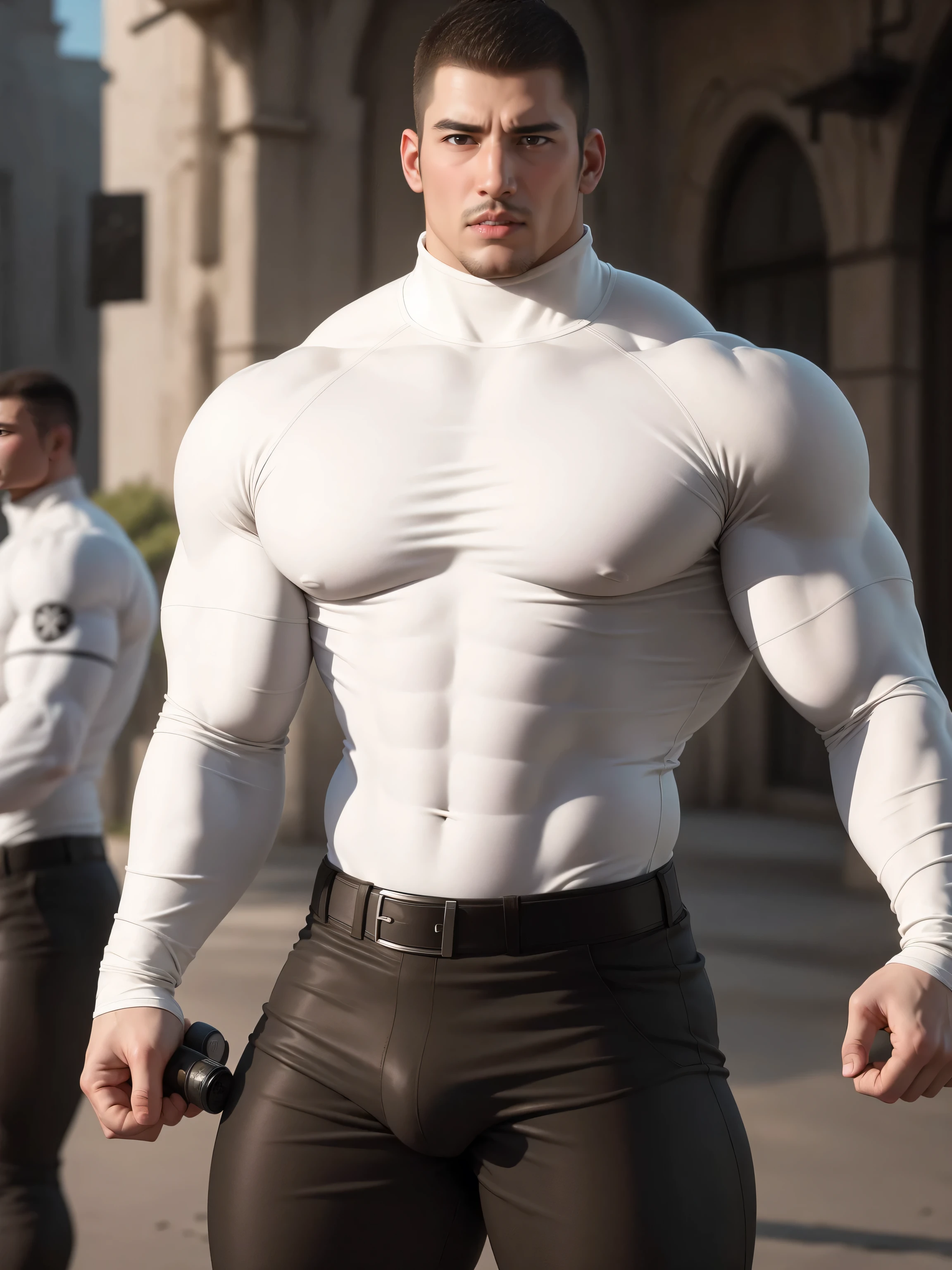 Super muscular man with open mouth moaning, Buzz Cut,On the old-style outdoor street under the hot sun, Wear a long-sleeved cream-colored turtleneck tights, Thickened warm elastic texture,Clothes are very dirty with mud stains,The expression is arrogant, Thick thighs, Messy hair, Thick thighs, High collar long sleeve cream white turtleneck tights, very tight, Regular symmetrical pattern, Highlight muscles, Police uniform pants, character concept(Resident Evil - Chris Redfield, Chris Redfield)A proud expression, Deep and charming eyes, Heroic male pose, tall Burly, muscular!muscular thighs, tough guy, perfect facial features, High, Burly, Heqiang, Super polished and cool, High Resolution Committee, Charismatic, The sun is blazing, dazzling