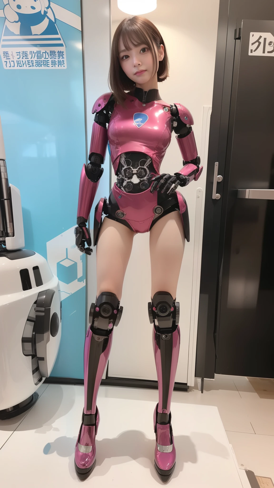 (Photorealsitic:1.4)、one robot woman、(top-quality)、(hyperdetailed face)、(Super well-formed face)、(Robot Parts)、(Female-Robot)、(25 years-old)、(Blue)、(pink there)、(Burgundy)、(metallic)、(full-body)、(sexy pose)、(Slender body)、(Model body type)、(full body mech)、(Akihabara)、(is looking at the camera)、(A brown-haired)、(Well-proportioned body)、(a small face)、(a small head)、(well-groomed fingers)、(Idol)、(front facing)、(Standing with legs open)、(Photo session)、(Looks sad)、(perfect-female-robot)、(perfect-mechanical-body)