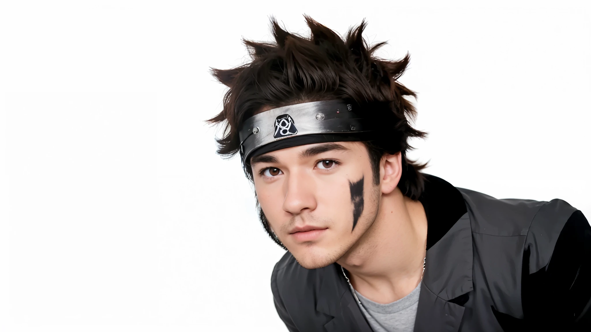 Kevin Jonas as Kiba Inuzuka, very handsome, realistic, 18 years old, with red marks on his face, Princess Mononoke style, puppy dog ​​eyes