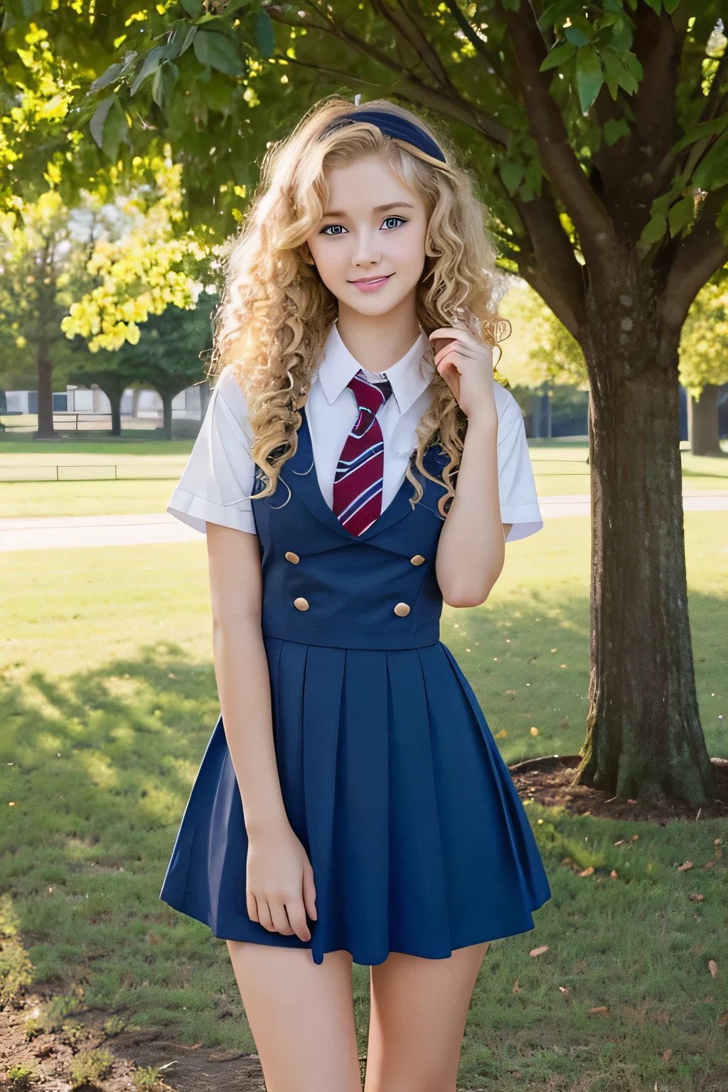 Country girl. . Young adult. Very curly hair. Blonde. Blue eyes. Sweet. Romantic. Pretty. At the high school. Wearing a uniform.