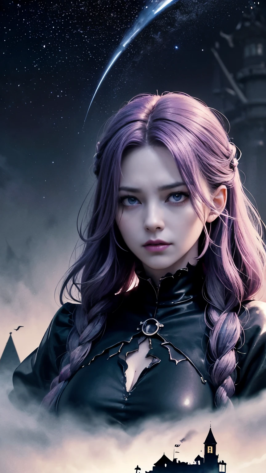 Woman close up，Purple Hair，Very long hair，very thick braids，Purple eyes，realistic girl rendering, 8k artistic german bokeh, Enchanting girl, Real Girls, Gurwitz, Gurwitz-style artwork, Girl Roleplay, Realistic 3D style, cgstation Popular Topics,, 8K Portrait Rendering,（truth，truth：1.4），(Fatal Beauty,A charming villain,witch) ,(A supple and powerful physique),(Sensual charm),(Mysterious charm:1.1),(Captivating silhouette),(highest quality,High resolution:1.2),(dark,Threatening:1.1),(Regrettably:1.1), (devilのテーマ:1.5),(dark horror theme:1.5),(Thriller:1.5),(Inspiration from Stephen King:1.5),(Dark fantasy:1.5), (Ink and watercolor:1.5), (black and white color:1.5), (Ominous landscape:1.5),(Countless stars fly away:1.5),(Ruined:1.5),(Ruined village:1.5),(1800s:1.5), (Ruined theme:1.5),(There&#39;Thereたくさんのほこりが舞っている:1.5),(puddle:1.5),(Dirt roads:1.5),(Absurd:1.5),(wonderful:1.5),(highest quality:1.5),(masterpiece:1.5),full length,Qu义z Lepidolite Woman in a Red Dress, (Powerful numbers:1.1、Big Breasts、Glasses) 、 ((((Round Glasses)))),(((Big Breasts)))、,(((Twisted corners,Fiery crown:1.1 Nicola Samori,Wangechi Mutu))),prime color,Urban,Very detailed,masterpiece,Intricate details,Faded,eyes Very detailed, Eye on the details,4K resolution,to be born, Nikon Z9,Scary Town,full length,evil ghost, Winnie the Poおお Rainbow,Intricate details,Very detailedな, Realistic,, 暗くてSpooky atmosphere,  spiritual being, Hauntingly beautiful, Ghostly figures, devilの本質, Shadow-like shape, Spooky whispers, Ominous Aura, Heart of a Goth Maiden, Very dark shade.Her Eyes, Like dazzling fur in a starless haze,A symphony of despair in their eyes.Her Mogul Snaps, Mysterious Cemetery,Think about it, The source of her sadness.Black hair swaying in the moonlight, She summons darkness,Dance of the Void, (Beautiful vampire high-ranking wizard: 1.7), (2つのthick, length, Sharp vampire teeth protruding from lips: 1.7), (Wizard with black hat: 1.6), (An intricately decorated jet-black cloak: 1.6), (Delicately decorated cloak, Despite being damaged: 1.5), Hypermaximalist,  Breathtaking oil paintings, 超Realisticな, Ultra-realistic digital illustrations that mimic the style of oil paintings, アレックス・グレイのサイケデリックな先見の明のある芸術とHRギーガーのto be born体力学的テーマの美学をシームレスに融合. wonderful構成,  (devil,Satan,Lucifer:1.1),(devilish:1.1),(Red eyes glow:1.6)、(Red glowing eyes,Sharp teeth:1.1),(Black wings,thick:1.1),(hellish landscape:1.1),(fire,sulfur:1.1),(Threatening atmosphere:1.1),(dark shadows,Threatening presence:1.1),(Unlucky Clouds,Stormy Skies:1.1),(dark,Spooky atmosphere:1.1),(Aura of misfortune,Evil energy:1.1),(dark aura,cigarette:1.1),(Extreme heat,Burning Flames:1.1),(Nightmare Visions:1.1),(Predicting the end:1.1),(Whispers of misfortune,devilish laughter:1.1),(Cries of pain,echoing screams:1.1),(Bad luck symbol,Ancient runes:1.1),(Mysterious Relic,dark 美術ifacts:1.1),(Infernal Ritual,Ritual sacrifice:1.1),(Eternal Ruin,A hopeless existence:1.1),  Inspired by abandoned mech backgrounds. Art created by Craig Mullins, Necrostyle., Detailed Description, Futuristic sci-fi scene. Check out the sci-fi concept art, Vivid colors and sharp focus. 