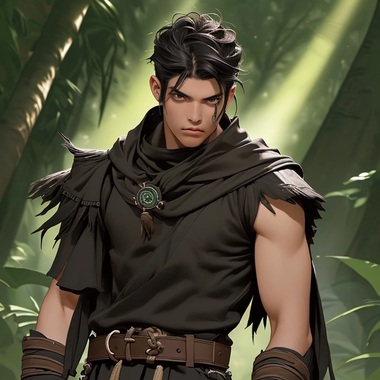 1 Hombre joven de cabello corto negro, Estilo de SMITE, sleeveless tribal ninja suit with belt, ((Brown)), [verde], looking towards the camera, obra maestra, gran calidad, ultra detallado, 8K, high resolution, Great lighting, colores vivos, el fondo es un bosque de noche