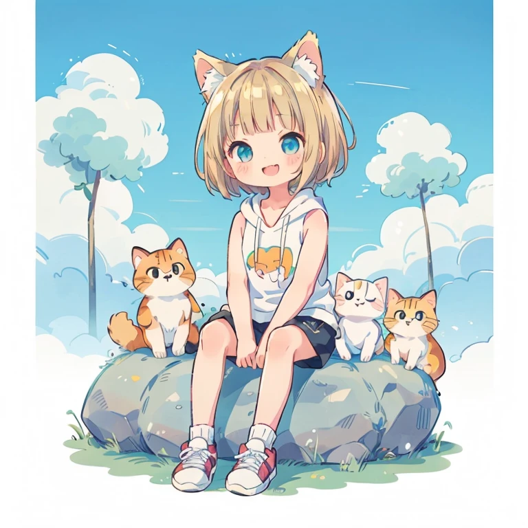 Chibi、Please straighten your bangs、smile、((masterpiece)), ((highest quality)), (anime:1.3), (RAW Photos:1.2),(High resolution:1.3), (Professional photography:1.4), (()), 8k, Shiny skin, Cinema Lighting, One girl, Wide Shot, (Knitted fabric tank top), (Cute innocent teenage girllender body, Small breasts, shiny medium hair, (Loose bangs), ((:3)), Open your mouth, Bare your fangs, look up, (いたずらなsmile), Beautiful clavicle, (slightly exposed shoulders), (Dog Ears), Hair blowing in the wind, break, ((highest quality)), (Sitting in Dubrovnik, Croatia), Summer day,Double Exposure、Blonde Hair、Short Mash Hair、Turquoise Eyes、White hoodie、Black hot pants、Black sneakers,Please straighten your bangs、She has cat ears of the same color as her hair.