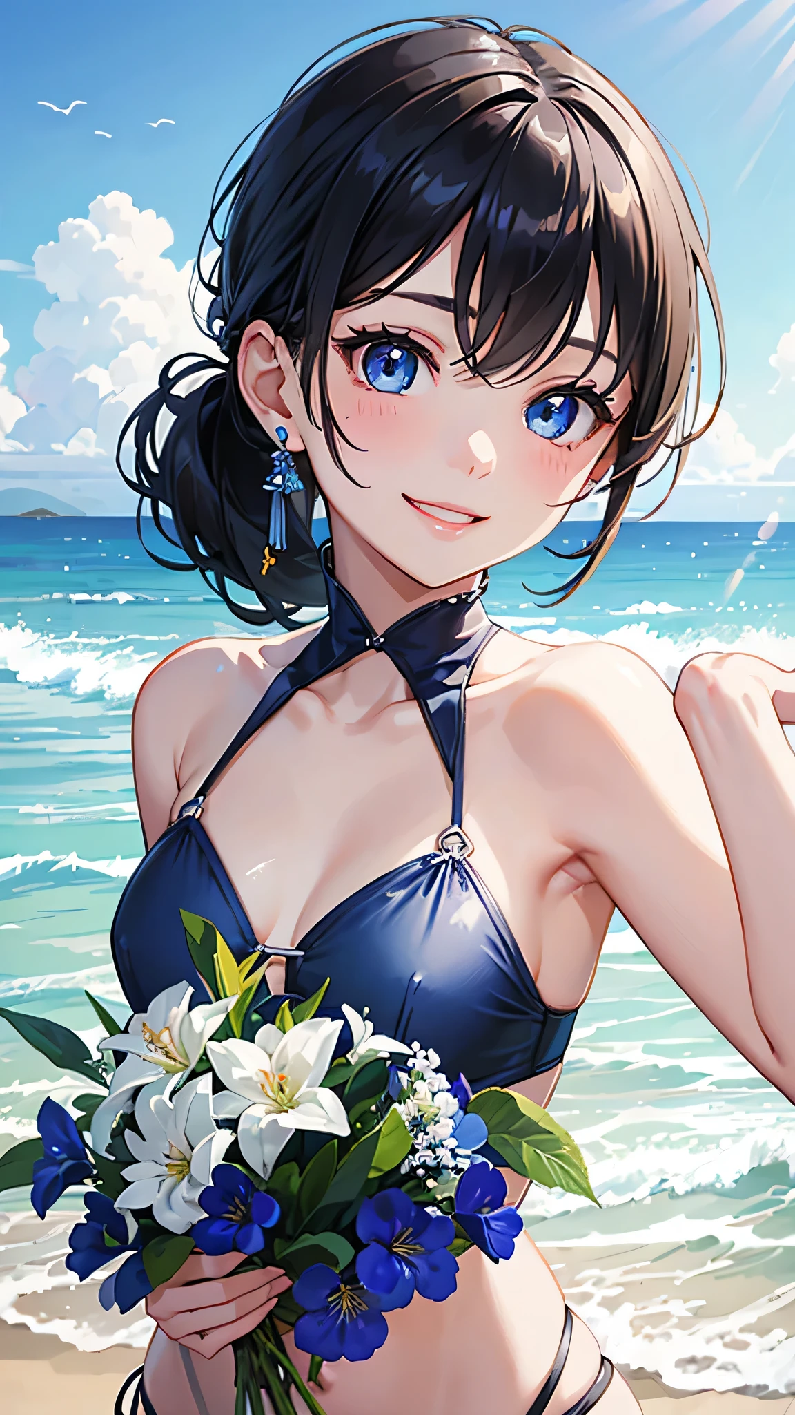 highest quality、Realistic、Women、zoom、summer、Sea of night、cute、Full make-up、Blue Eyes、black hair、ponytail、Silver Bikini、smile、Looking down、smile、Bust Shot、　Small breasts