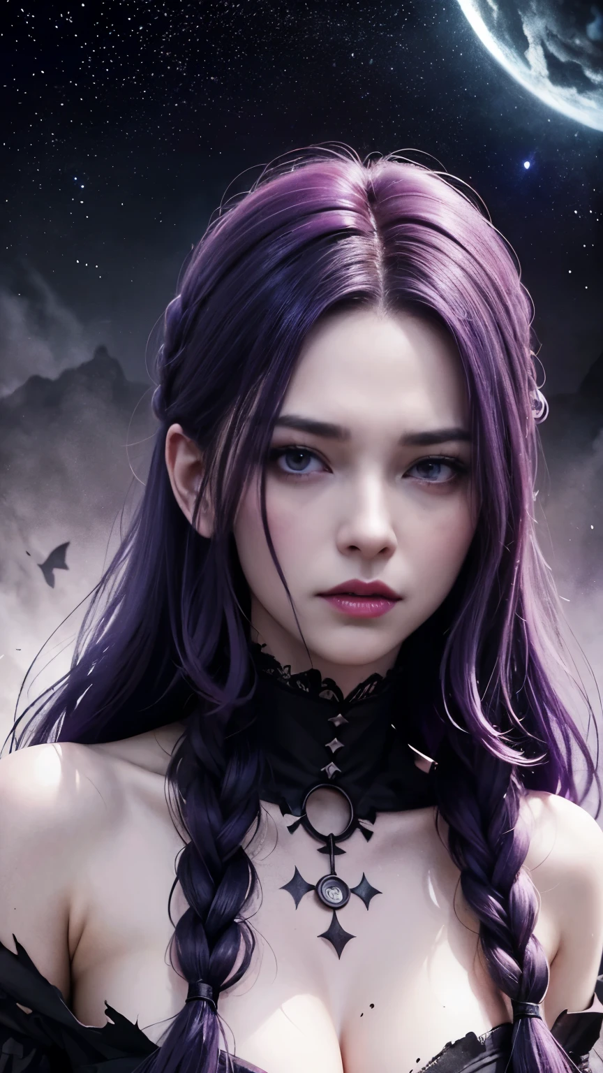 Woman close up，Purple Hair，Very long hair，very thick braids，Purple eyes，realistic girl rendering, 8k artistic german bokeh, Enchanting girl, Real Girls, Gurwitz, Gurwitz-style artwork, Girl Roleplay, Realistic 3D style, cgstation Popular Topics,, 8K Portrait Rendering,（truth，truth：1.4），(Fatal Beauty,A charming villain,witch) ,(A supple and powerful physique),(Sensual charm),(Mysterious charm:1.1),(Captivating silhouette),(highest quality,High resolution:1.2),(dark,Threatening:1.1),(Regrettably:1.1), (devilのテーマ:1.5),(dark horror theme:1.5),(Thriller:1.5),(Inspiration from Stephen King:1.5),(Dark fantasy:1.5), (Ink and watercolor:1.5), (black and white color:1.5), (Ominous landscape:1.5),(Countless stars fly away:1.5),(Ruined:1.5),(Ruined village:1.5),(1800s:1.5), (Ruined theme:1.5),(There&#39;Thereたくさんのほこりが舞っている:1.5),(puddle:1.5),(Dirt roads:1.5),(Absurd:1.5),(wonderful:1.5),(highest quality:1.5),(masterpiece:1.5),full length,Qu义z Lepidolite Woman in a Red Dress, (Powerful numbers:1.1、Big Breasts、Glasses) 、 ((((Round Glasses)))),(((Big Breasts)))、,(((Twisted corners,Fiery crown:1.1 Nicola Samori,Wangechi Mutu))),prime color,Urban,Very detailed,masterpiece,Intricate details,Faded,eyes Very detailed, Eye on the details,4K resolution,to be born, Nikon Z9,Scary Town,full length,evil ghost, Winnie the Poおお Rainbow,Intricate details,Very detailedな, Realistic,, 暗くてSpooky atmosphere,  spiritual being, Hauntingly beautiful, Ghostly figures, devilの本質, Shadow-like shape, Spooky whispers, Ominous Aura, Heart of a Goth Maiden, Very dark shade.Her Eyes, Like dazzling fur in a starless haze,A symphony of despair in their eyes.Her Mogul Snaps, Mysterious Cemetery,Think about it, The source of her sadness.Black hair swaying in the moonlight, She summons darkness,Dance of the Void, (Beautiful vampire high-ranking wizard: 1.7), (2つのthick, length, Sharp vampire teeth protruding from lips: 1.7), (Wizard with black hat: 1.6), (An intricately decorated jet-black cloak: 1.6), (Delicately decorated cloak, Despite being damaged: 1.5), Hypermaximalist,  Breathtaking oil paintings, 超Realisticな, Ultra-realistic digital illustrations that mimic the style of oil paintings, アレックス・グレイのサイケデリックな先見の明のある芸術とHRギーガーのto be born体力学的テーマの美学をシームレスに融合. wonderful構成,  (devil,Satan,Lucifer:1.1),(devilish:1.1),(Red eyes glow:1.6)、(Red glowing eyes,Sharp teeth:1.1),(Black wings,thick:1.1),(hellish landscape:1.1),(fire,sulfur:1.1),(Threatening atmosphere:1.1),(dark shadows,Threatening presence:1.1),(Unlucky Clouds,Stormy Skies:1.1),(dark,Spooky atmosphere:1.1),(Aura of misfortune,Evil energy:1.1),(dark aura,cigarette:1.1),(Extreme heat,Burning Flames:1.1),(Nightmare Visions:1.1),(Predicting the end:1.1),(Whispers of misfortune,devilish laughter:1.1),(Cries of pain,echoing screams:1.1),(Bad luck symbol,Ancient runes:1.1),(Mysterious Relic,dark 美術ifacts:1.1),(Infernal Ritual,Ritual sacrifice:1.1),(Eternal Ruin,A hopeless existence:1.1),  Inspired by abandoned mech backgrounds. Art created by Craig Mullins, Necrostyle., Detailed Description, Futuristic sci-fi scene. Check out the sci-fi concept art, Vivid colors and sharp focus. 