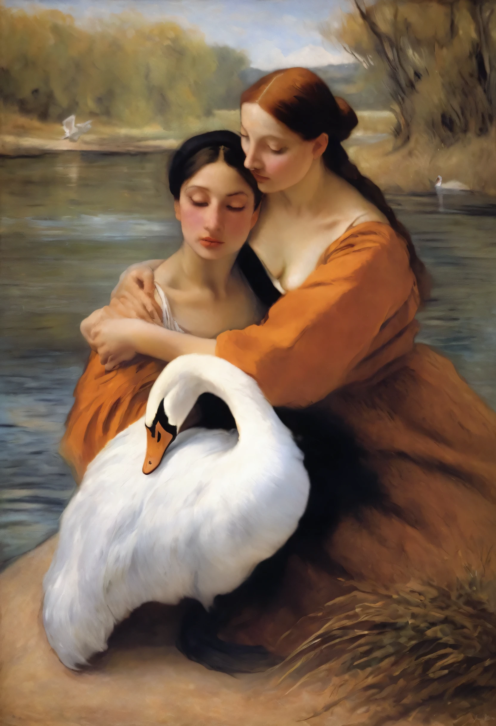 oil painting, estilo degas, realismo, leonardo da vinci,, woman being hugged by a swan, pele clara, olhos castanhos, a scarf in your hair,