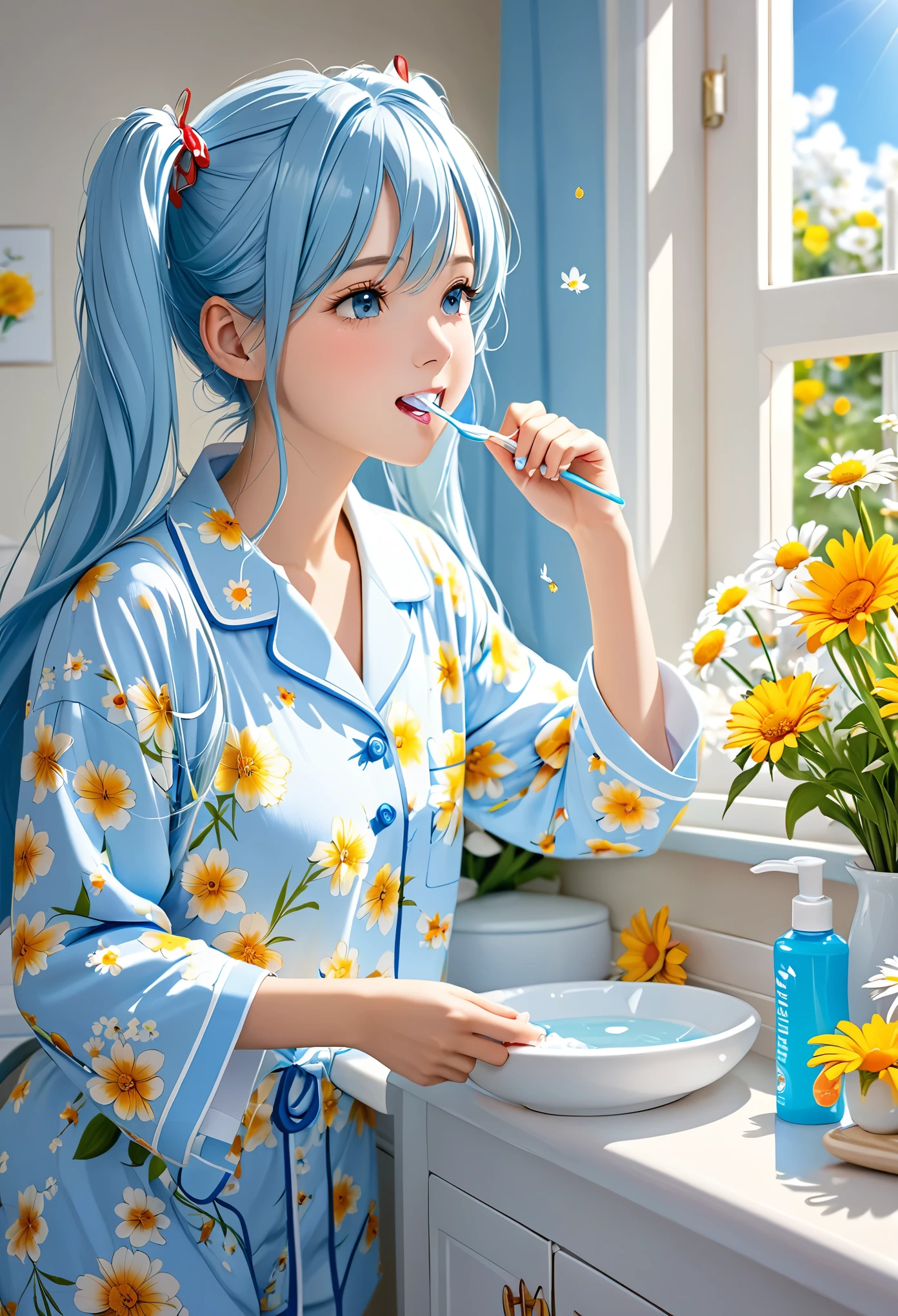 Brushing your teeth Have a toothbrush Light blue long hair Beautiful girl with twin tails Just woke up A bright, sunny washstand White floral pajamas、There are lots of flowers around