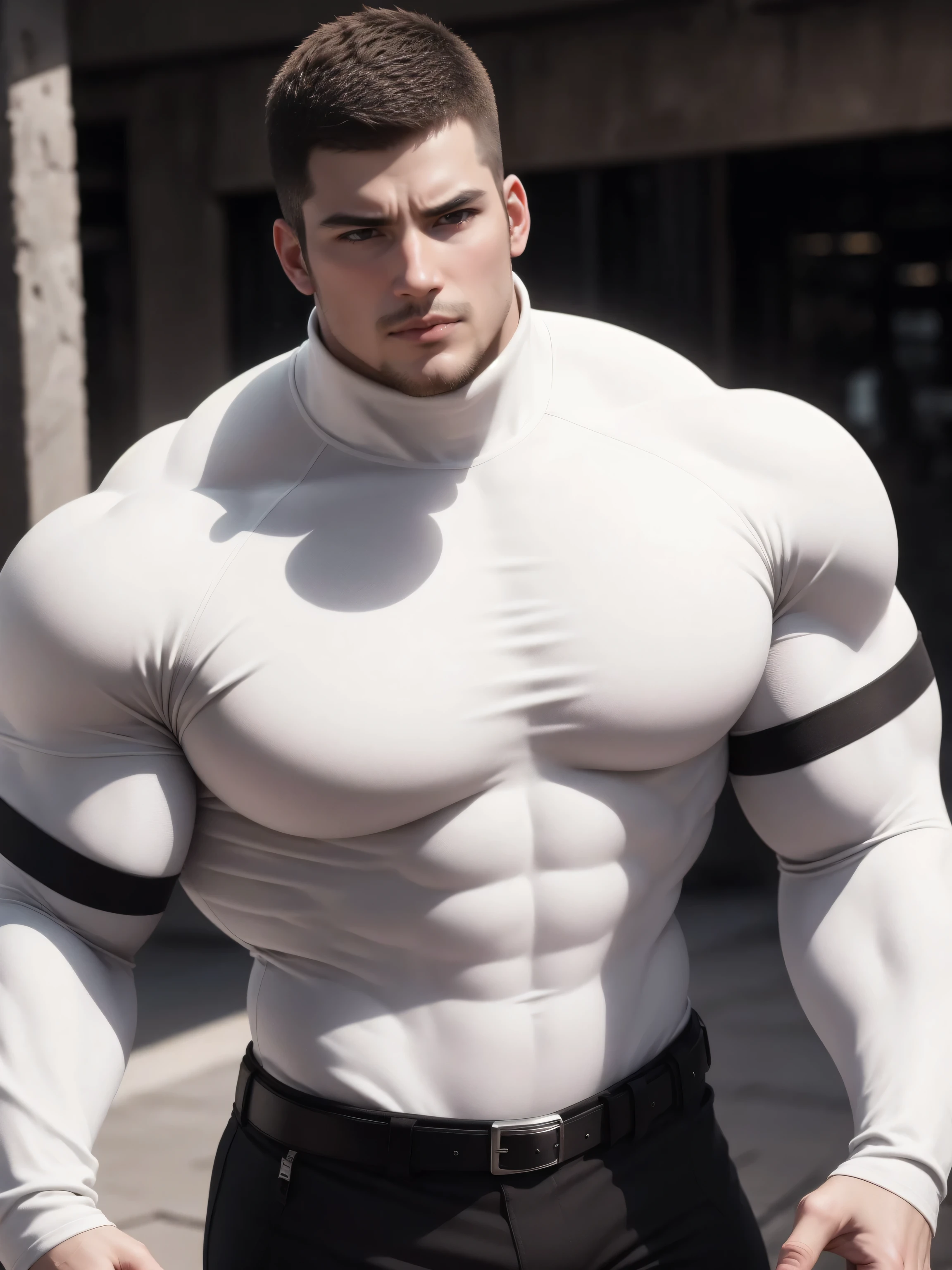 Super muscular man with open mouth moaning, Buzz Cut,On the old-style outdoor street under the hot sun, Wear a long-sleeved cream-colored turtleneck tights, Thickened warm elastic texture,Clothes are very dirty with mud stains,The expression is arrogant, Thick thighs, Messy hair, Thick thighs, High collar long sleeve cream white turtleneck tights, very tight, Regular symmetrical pattern, Highlight muscles, Police uniform pants, character concept(Resident Evil - Chris Redfield, Chris Redfield)A proud expression, Deep and charming eyes, Heroic male pose, tall Burly, muscular!muscular thighs, tough guy, perfect facial features, High, Burly, Heqiang, Super polished and cool, High Resolution Committee, Charismatic, The sun is blazing, dazzling