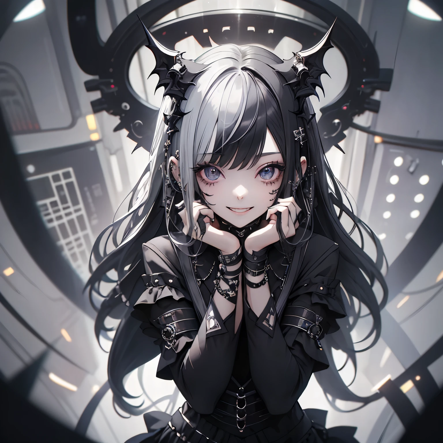 (masterpiece), highest quality, Ultra-high resolution,Gothic、Silver Hair、Black Hair、Big smile、Bat、(Play the bass:1.3)、smile、cool、band、live、Visual Kei