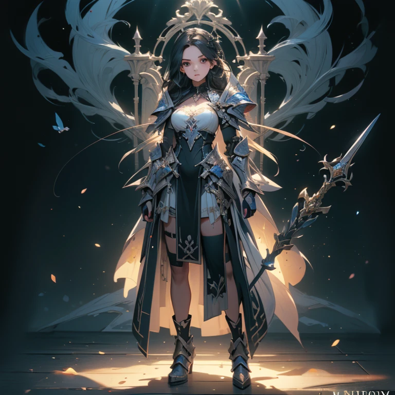 ((masterpiece)), (((best quality))), (character design sheet, same character full body, front, side, back), Illustration, 1 girl, Design a layout showcase Gaming character, (1girl). Golden+Purle clothes, stylish and unique, ((showcase weapon:1.4)), magic staff, (masterpiece:1.2), (best quality), 4k, ultra-detailed, (Step by step design, layout art:1.5), (luminous lighting, atmospheric lighting), magican, ((glove full hands)), (((revealing clothes:1.3))), vambraces, armored legwear, (((full_body_shot:1.4)))