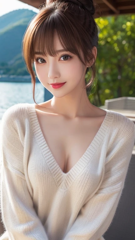 highest quality、8k wallpaper、Reality:1.4、Photographed by a professional photographer、Cinema Lighting、View your viewers、background:Beautiful lake、1 beautiful girl、Japanese Idol、23 years old、Beautifully detailed eyes、Detailed face、Beautiful Skin、Slender、Slim waist、Thin legs、Red lipstick、Bun Hair:1.8、Random hair color、Light Hair、The light is shining on her hair、Asymmetrical bangs、Large knit sweater、 in light colors、I can see your chest 、smile:1.4、Seductive pose