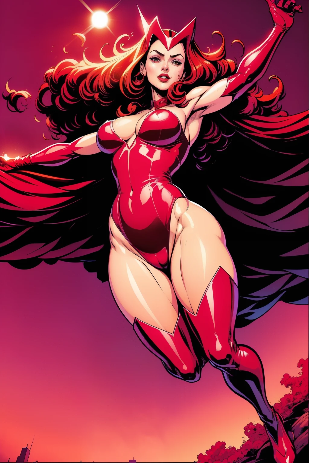 (((A comic style, cartoon art))). view from below. Scarlet Witch is in an New York City, floating in the air, surrounded by dense forest. POWER IN EYES, She is wearing her signature red outfit and is floating in the air, with her arms outstretched to her sides. In her hands, she holds a glowing red ball of energy, (((Hot Body, athletic body, sexy, Camel Toes))), ginger hair, (((agry face))), ((sexy pose)), which appears to be pulsing with power. In the background, we can see the sun setting over the horizon, turning the sky orange and pink. The city around her appears to be peaceful, but there is a sense of tension in the air, as if something is about to happen.