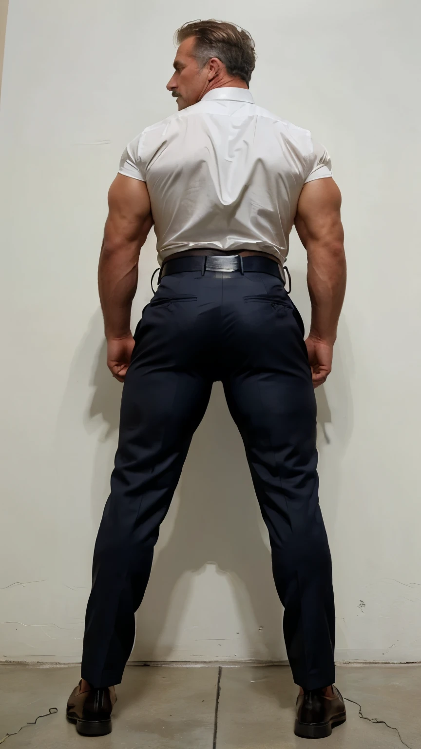 age 60, white man police detective with a mature, backside, kind demeanor, strong and muscular yet chubby build, mustache, wearing dress pants and a buttoned-open translucent shirt that reveals a hairy chest and a noticeable bulge, wearing detective badge on belt, giving off a hint of a horny yet disgusting aura, completing the look with comfortable loafers. Shirtless backside ((big butt)) gold trouser backside (bent over)