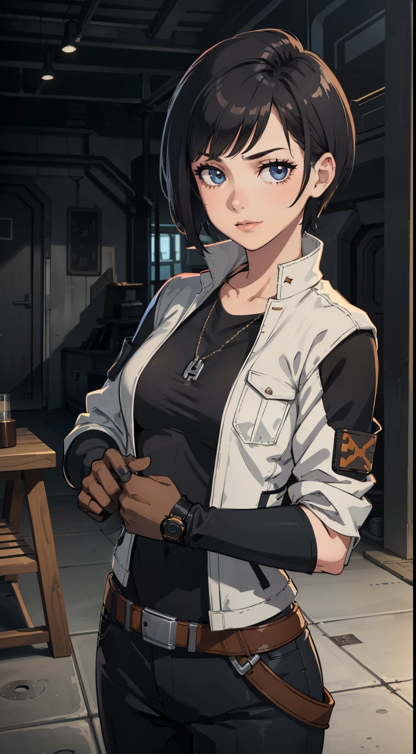 (high-quality, breathtaking),(expressive eyes, perfect face) Symmetrical Eyes, portrait, Star Wars Universe, 1girl, female, adult, mechanic, punk jacket, shirt, short sleeved, gloves, pants, belt, wrench, crystals, messy hair, black hair color, brown eye color, short hair length, stylized hairstyle, pixie haircut, tall, technician outfit, engineer, sci fi workshop background, work bench, tools, mature, narrow eyes, dog tag necklaces, soft smile, soft eyelashes, age 25
