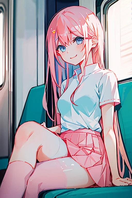 a japanese girl with smooth white skin, a slim body, small breasts, ocean blue eyes, and long coral pink hair wearing a white short sleeved shirt, a pink skirt, and pink thigh high leggings, sitting in a subway train, smile on her face