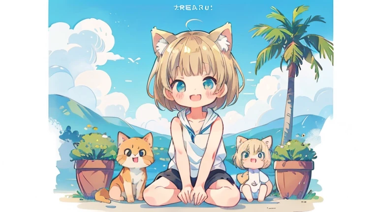 Chibi、Please straighten your bangs、smile、((masterpiece)), ((highest quality)), (anime:1.3), (RAW Photos:1.2),(High resolution:1.3), (Professional photography:1.4), ((12 years old)), 8k, Shiny skin, Cinema Lighting, One girl, Wide Shot, (Knitted fabric tank top), (Cute innocent teenage girl), Slender body, Small breasts, shiny medium hair, (Loose bangs), ((:3)), Open your mouth, Bare your fangs, look up, (いたずらなsmile), Beautiful clavicle, (slightly exposed shoulders), (Dog Ears), Hair blowing in the wind, break, ((highest quality)), (Sitting in Dubrovnik, Croatia), Summer day,Double Exposure、Blonde Hair、Short Mash Hair、Turquoise Eyes、White hoodie、Black hot pants、Black sneakers,Please straighten your bangs、She has cat ears of the same color as her hair.