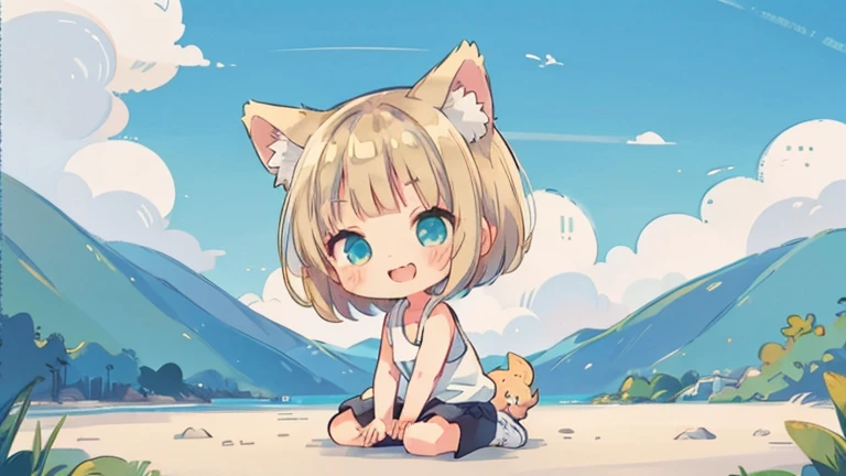 Chibi、Please straighten your bangs、smile、((masterpiece)), ((highest quality)), (anime:1.3), (RAW Photos:1.2),(High resolution:1.3), (Professional photography:1.4), (()), 8k, Shiny skin, Cinema Lighting, One girl, Wide Shot, (Knitted fabric tank top), (Cute innocent teenage girllender body, Small breasts, shiny medium hair, (Loose bangs), ((:3)), Open your mouth, Bare your fangs, look up, (いたずらなsmile), Beautiful clavicle, (slightly exposed shoulders), (Dog Ears), Hair blowing in the wind, break, ((highest quality)), (Sitting in Dubrovnik, Croatia), Summer day,Double Exposure、Blonde Hair、Short Mash Hair、Turquoise Eyes、White hoodie、Black hot pants、Black sneakers,Please straighten your bangs、She has cat ears of the same color as her hair.