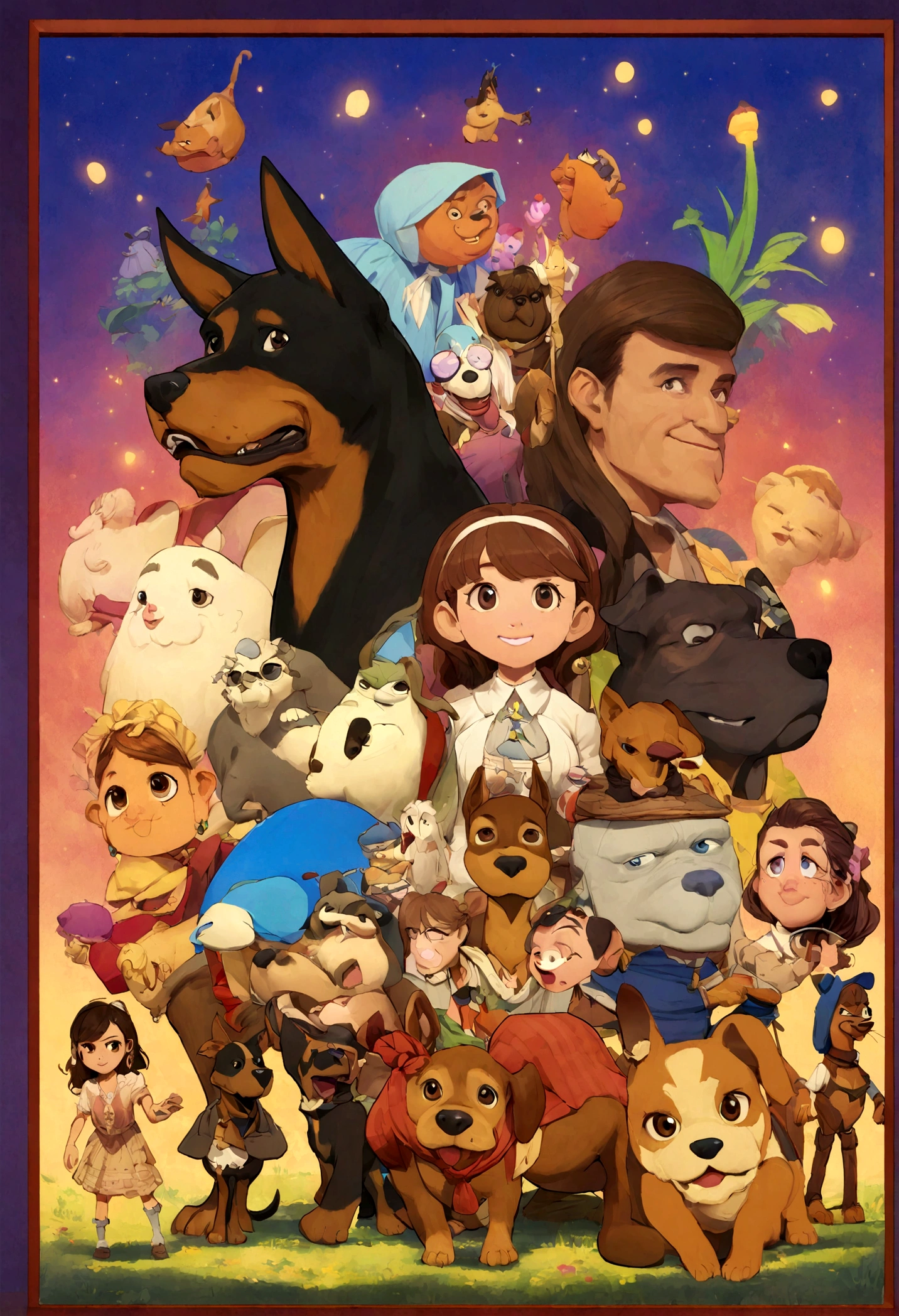 Create a poster inspired by Disney Pixar movies, presents a woman of medium height with straight dark brown hair , Labios carnosos, dark eyes and cute face along with a brown doberman puppy, cachorro bien cuidado con ojos redondos color miel cara dulce juguetona. El cartel se titula 'Luna'. Digital art should be Pixar style., reminiscent of an animated movie.