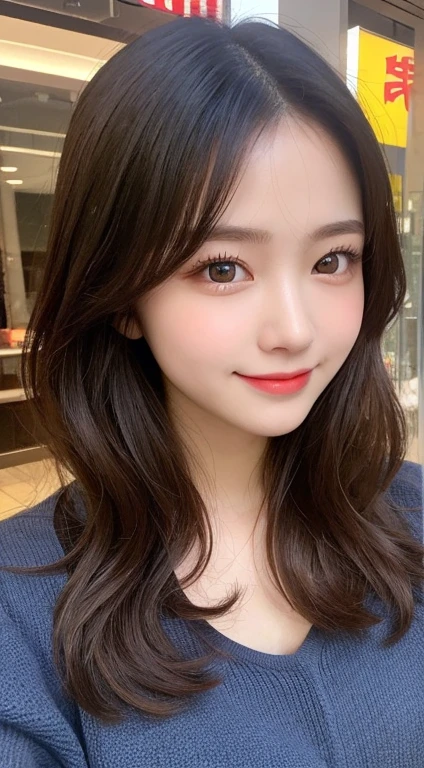 Tabletop, highest quality, shape, Very detailed, finely, High resolution, 8k wallpaper, 完璧なダイナミックな構shape, Beautiful and detailed, Latest fashion trends in Tokyo winter wear,Medium Hair, Small breasts, Natural color lip,smile,20-year-old girl、Midnight、Beautiful and elaborate face、Perfect and beautiful face、Slim face and figure,Spread your arms wide,Big eyes,Take a photo with your face raised from below your knees、Small face、Beautifully detailed face、Perfect and beautiful double eyelids